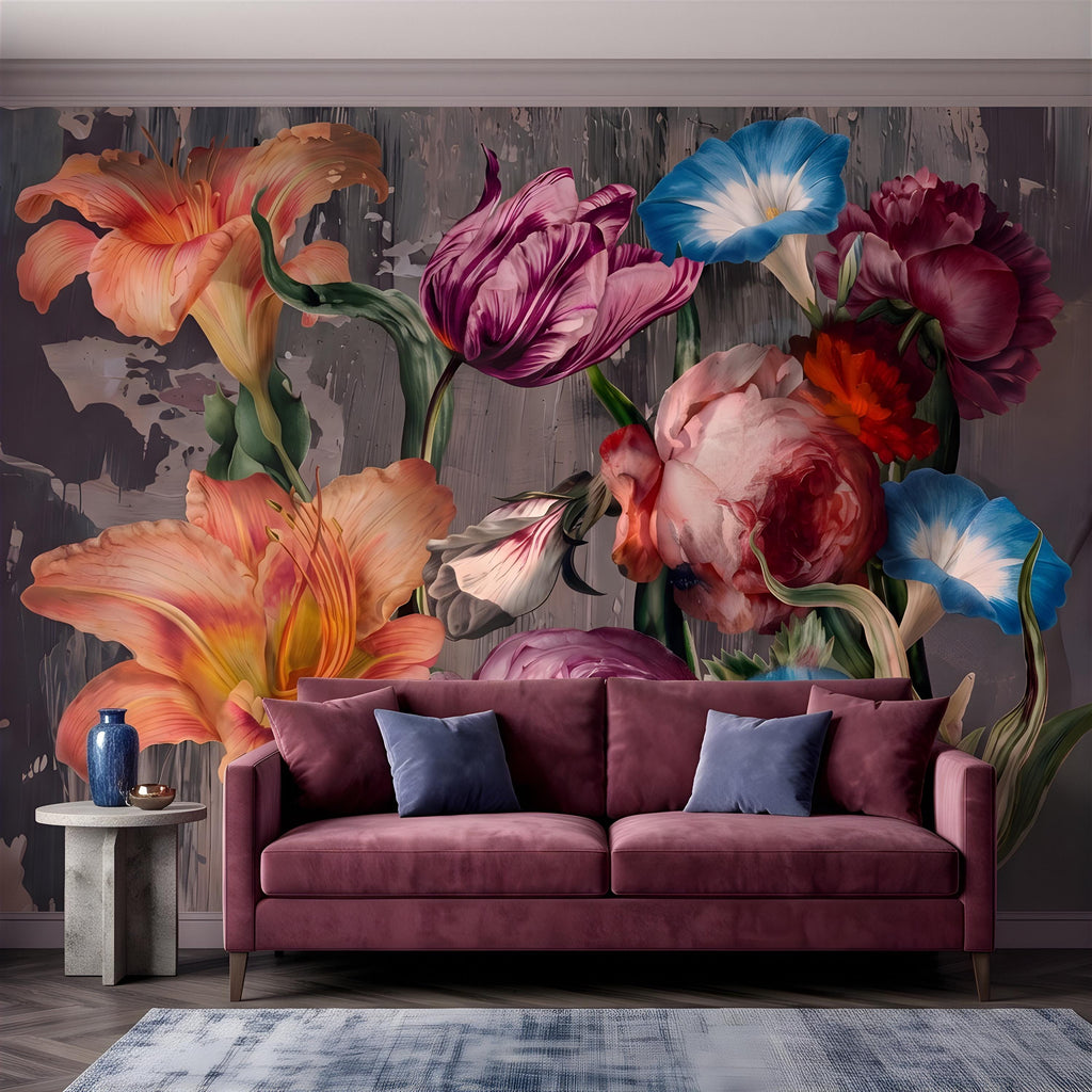 Eclectic Floral Peel and Stick Wall Mural, Daylily Peony Tulip Bouquet, Moody Botanical Arrangement Painterly Wallpaper