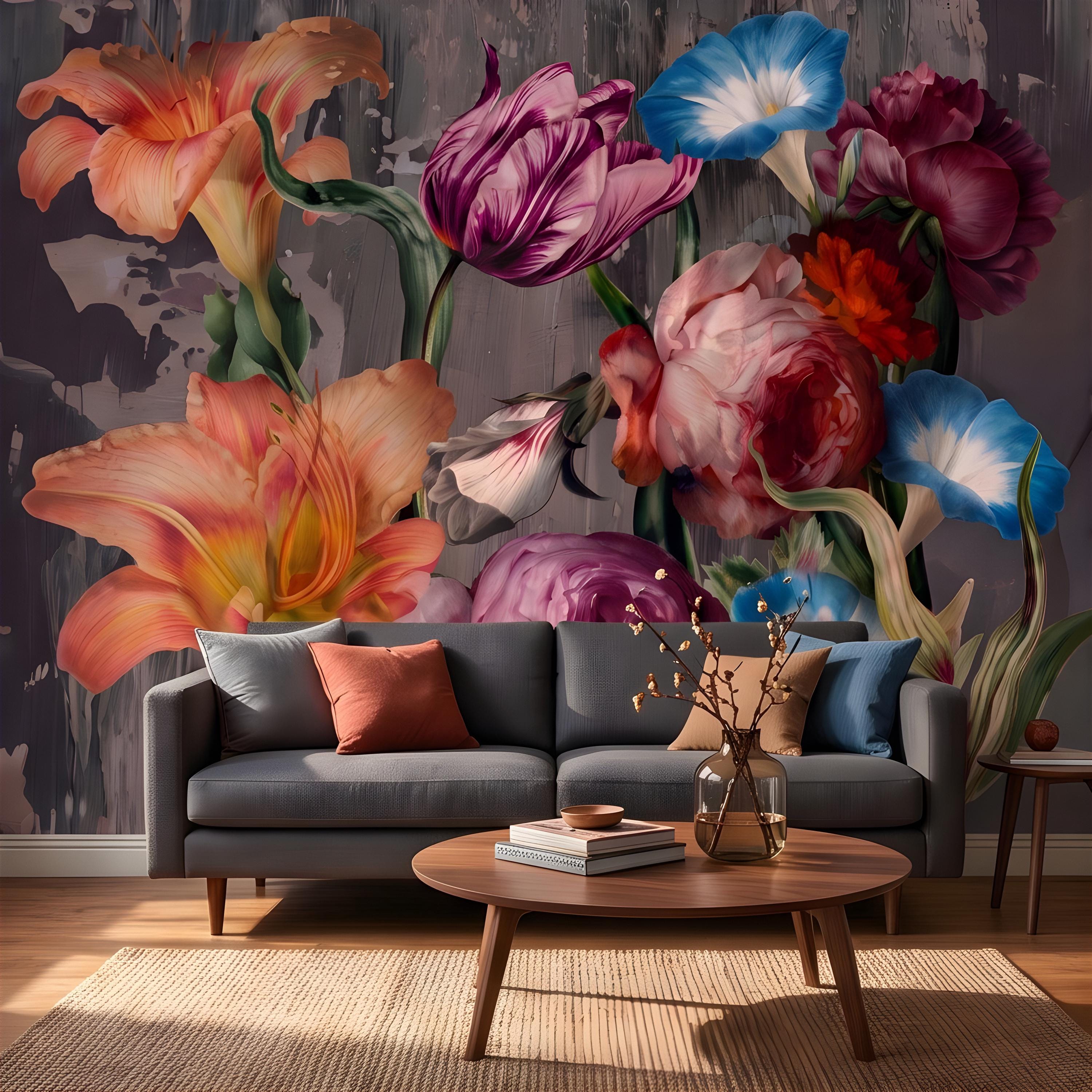 Eclectic Floral Peel and Stick Wall Mural, Daylily Peony Tulip Bouquet, Moody Botanical Arrangement Painterly Wallpaper