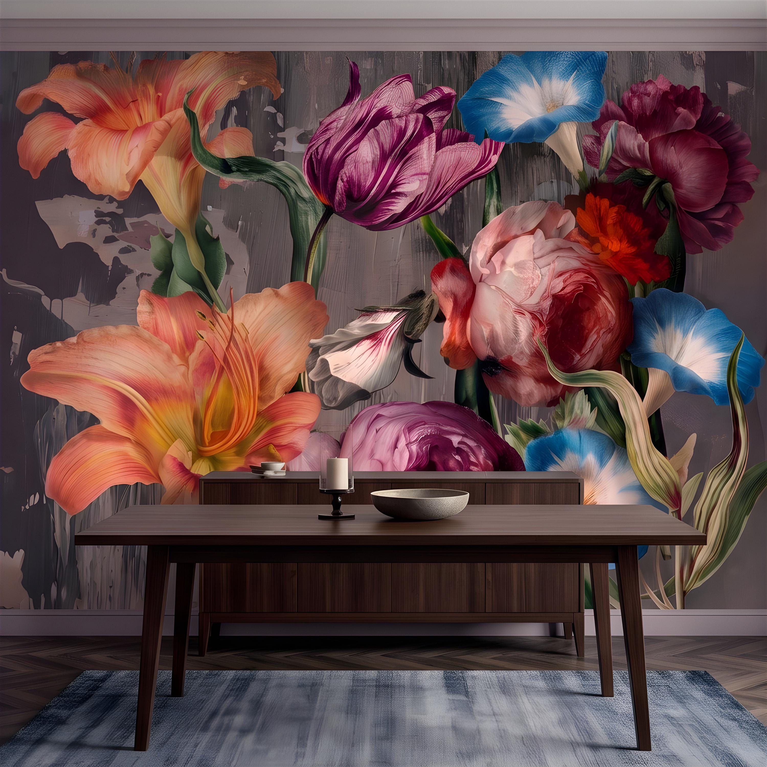 Eclectic Floral Peel and Stick Wall Mural, Daylily Peony Tulip Bouquet, Moody Botanical Arrangement Painterly Wallpaper