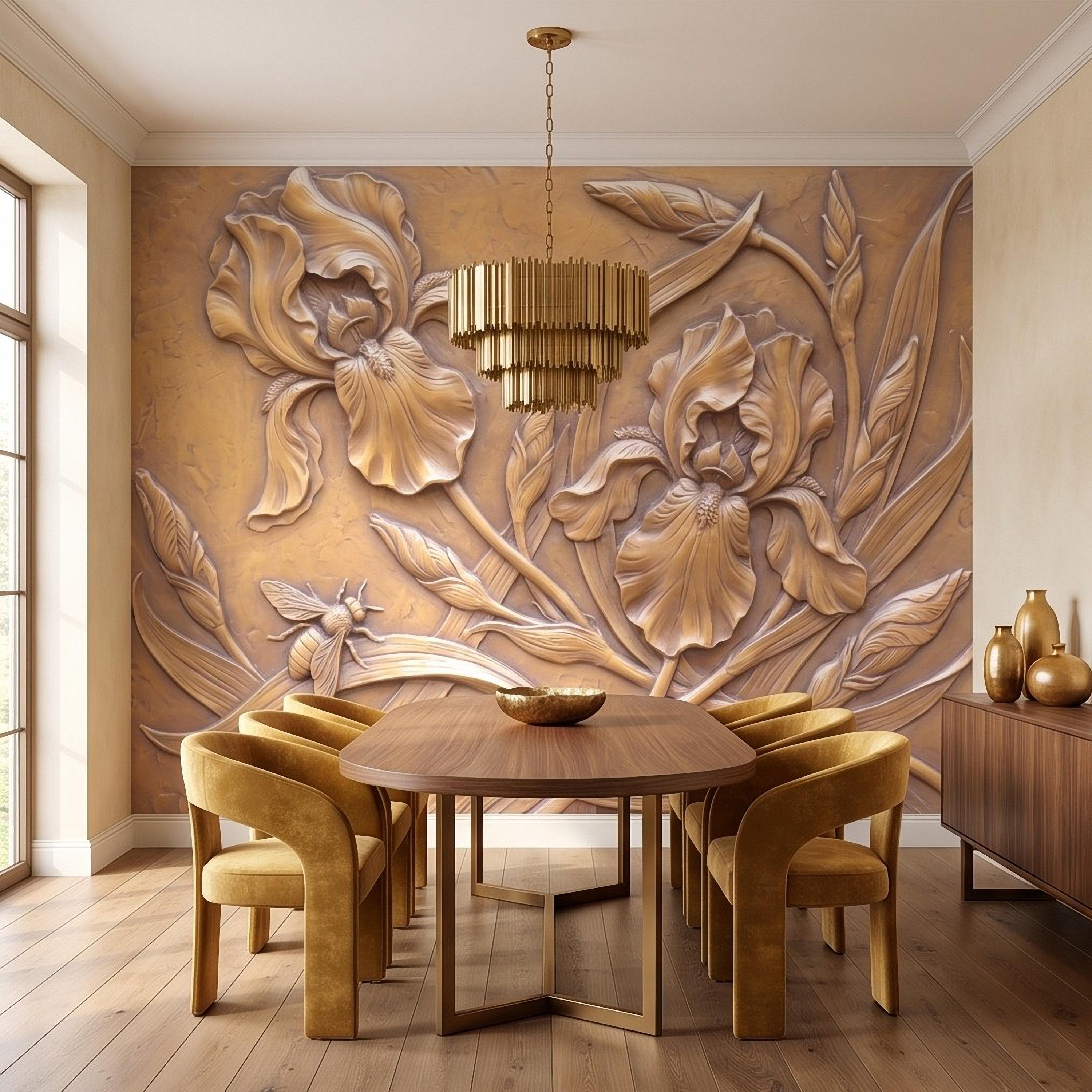 Iris Flowers Peel and Stick Wall Mural, Botanical Relief, Embossed Plaster Iris with Bee Art Nouveau Bas Relief Wallpaper