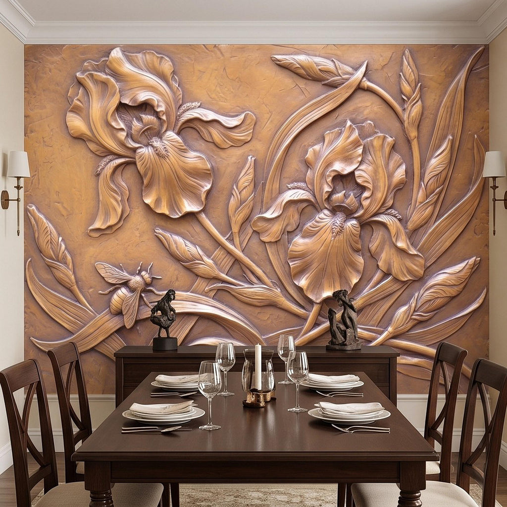 Iris Flowers Peel and Stick Wall Mural, Botanical Relief, Embossed Plaster Iris with Bee Art Nouveau Bas Relief Wallpaper