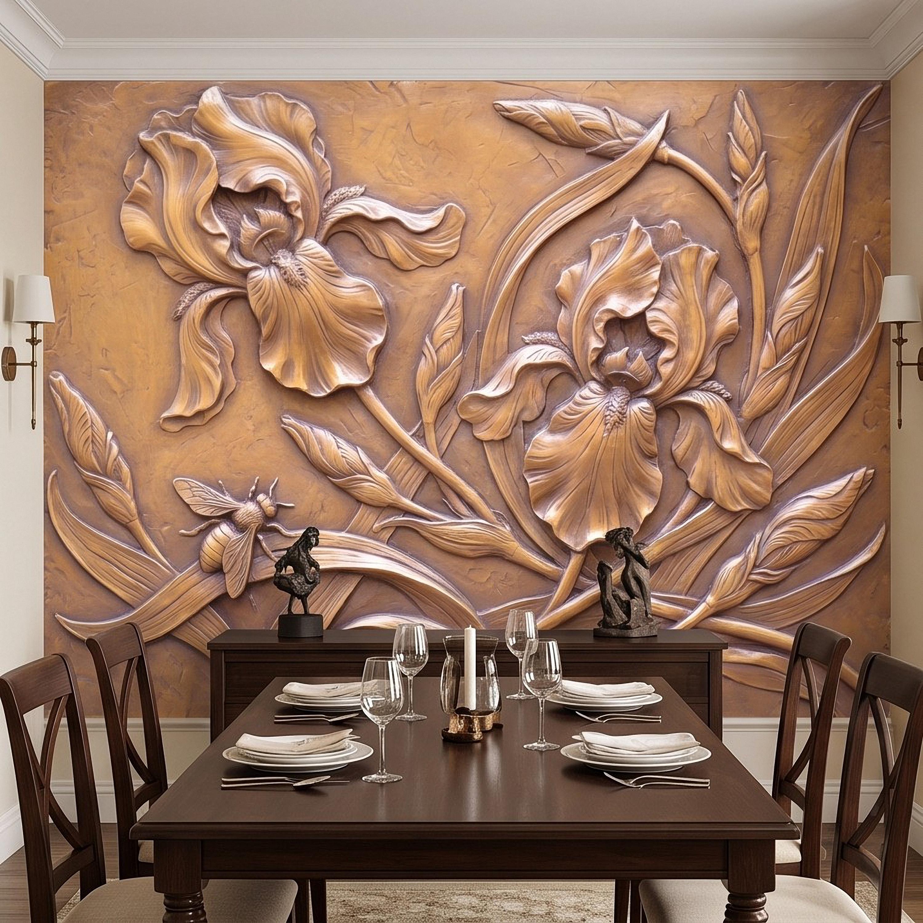 Iris Flowers Peel and Stick Wall Mural, Botanical Relief, Embossed Plaster Iris with Bee Art Nouveau Bas Relief Wallpaper