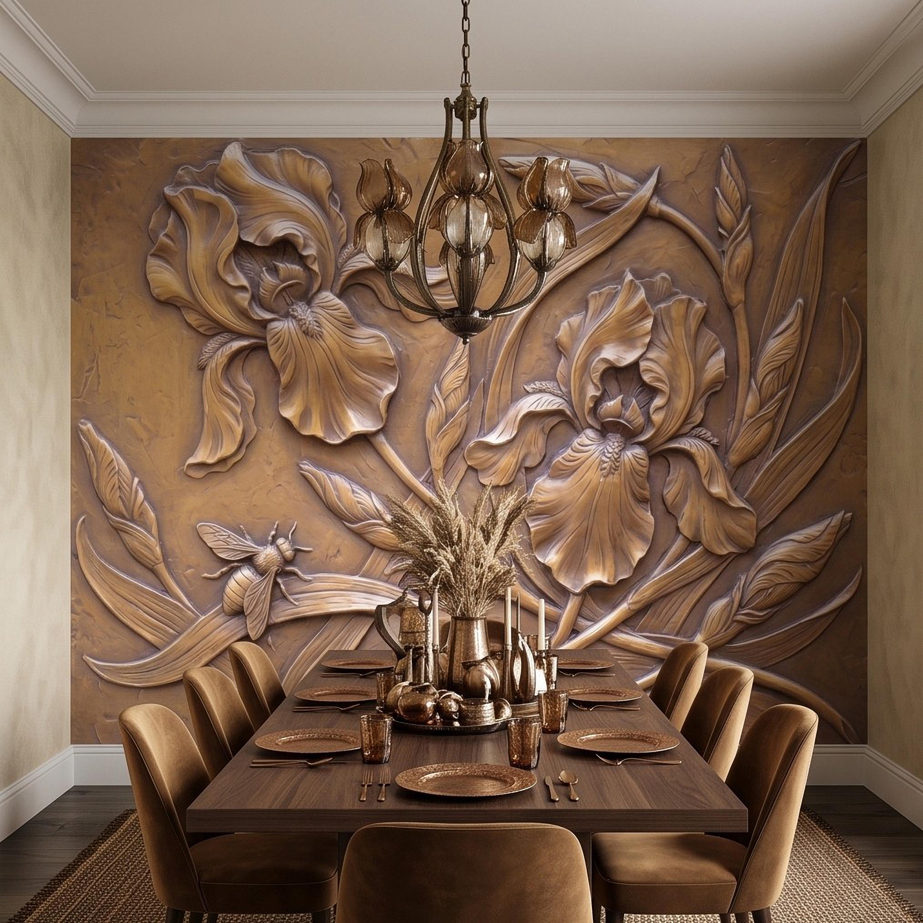 Iris Flowers Peel and Stick Wall Mural, Botanical Relief, Embossed Plaster Iris with Bee Art Nouveau Bas Relief Wallpaper