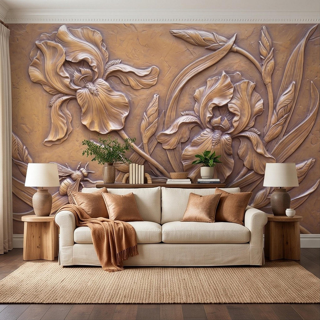 Iris Flowers Peel and Stick Wall Mural, Botanical Relief, Embossed Plaster Iris with Bee Art Nouveau Bas Relief Wallpaper