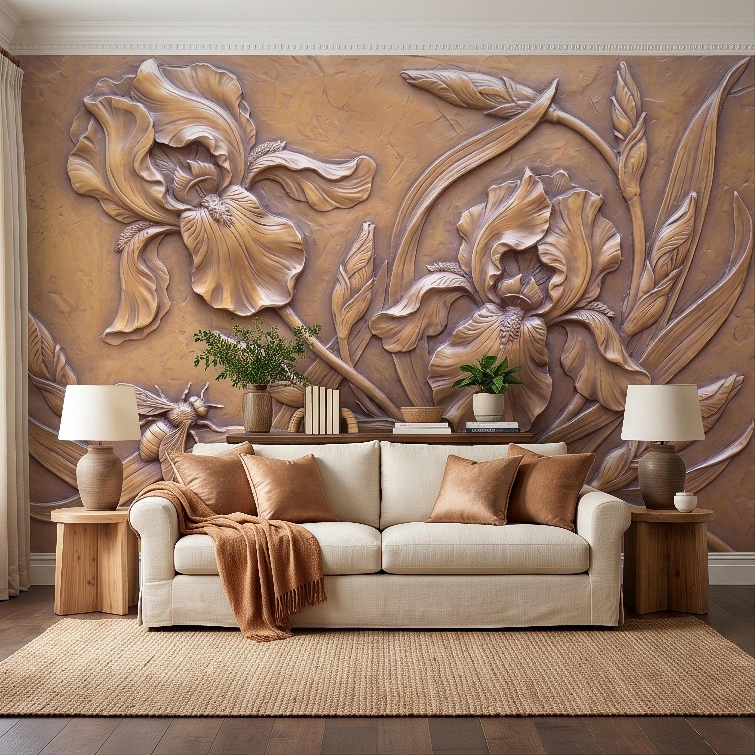 Iris Flowers Peel and Stick Wall Mural, Botanical Relief, Embossed Plaster Iris with Bee Art Nouveau Bas Relief Wallpaper