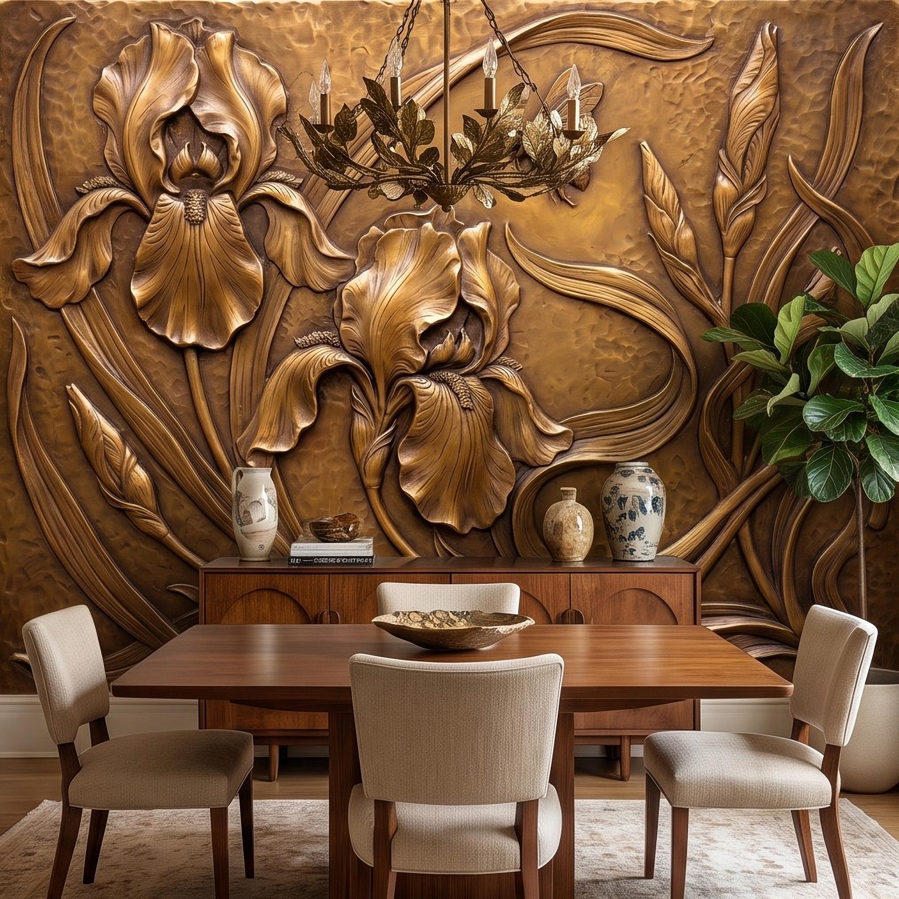 Iris Flowers Peel and Stick Wall Mural, Embossed Botanical Relief Sculpted Plaster Iris with Bee Art Nouveau Wallpaper