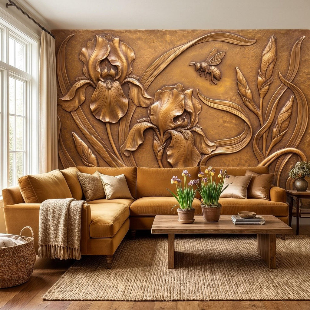 Iris Flowers Peel and Stick Wall Mural, Embossed Botanical Relief Sculpted Plaster Iris with Bee Art Nouveau Wallpaper