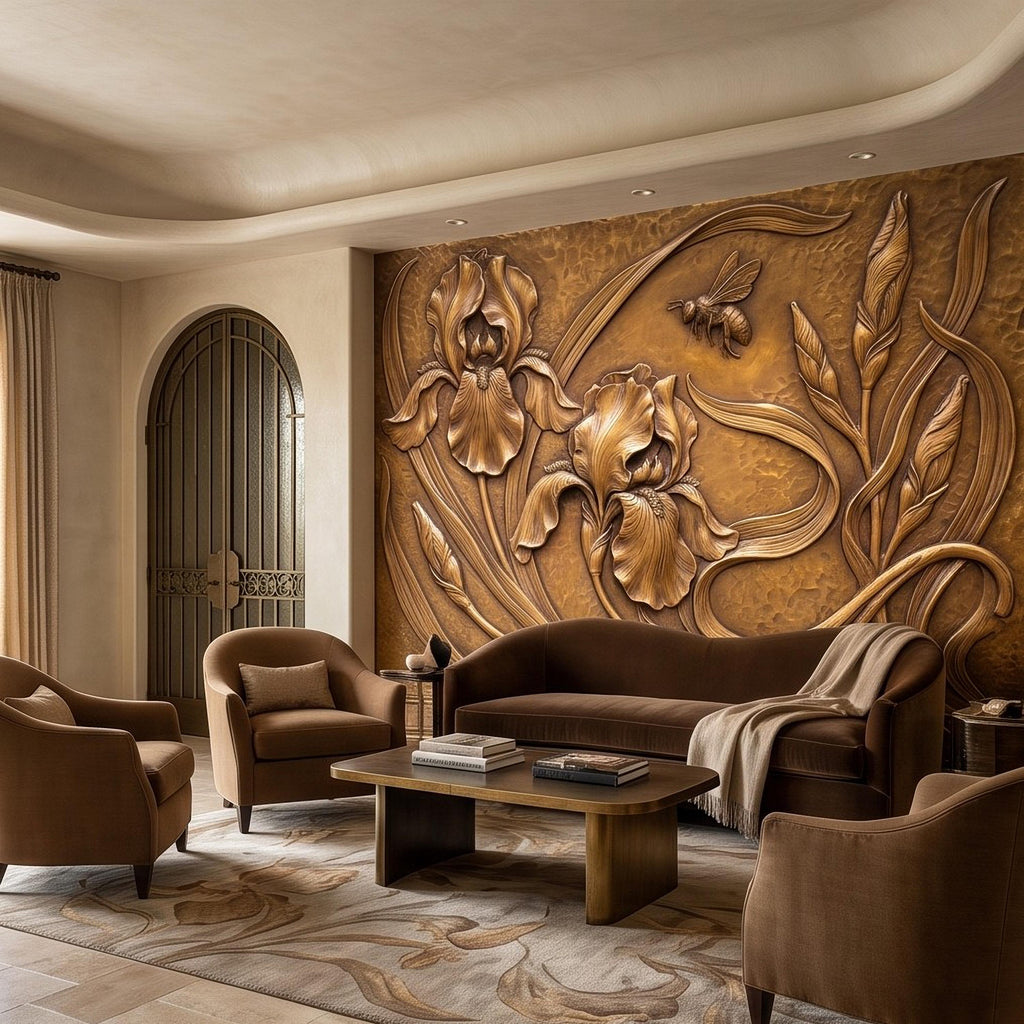 Iris Flowers Peel and Stick Wall Mural, Embossed Botanical Relief Sculpted Plaster Iris with Bee Art Nouveau Wallpaper