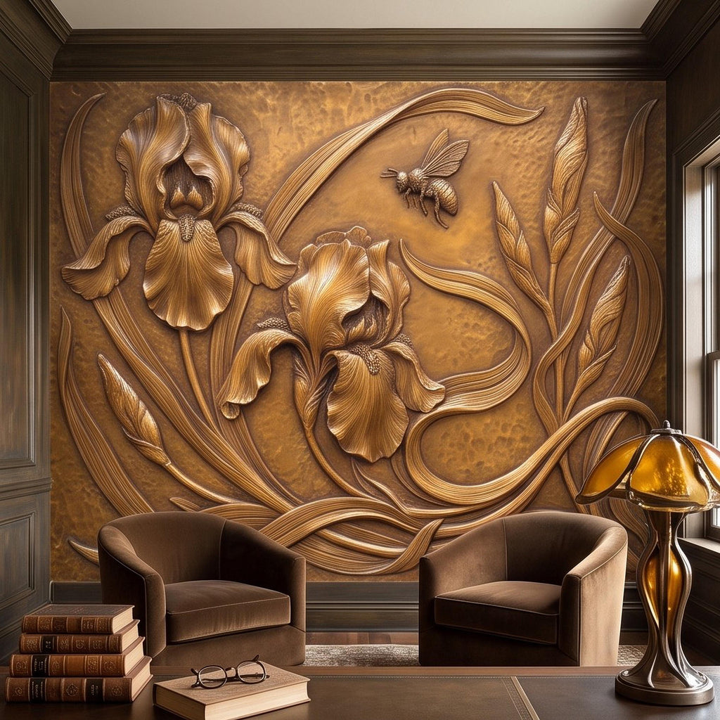 Iris Flowers Peel and Stick Wall Mural, Embossed Botanical Relief Sculpted Plaster Iris with Bee Art Nouveau Wallpaper