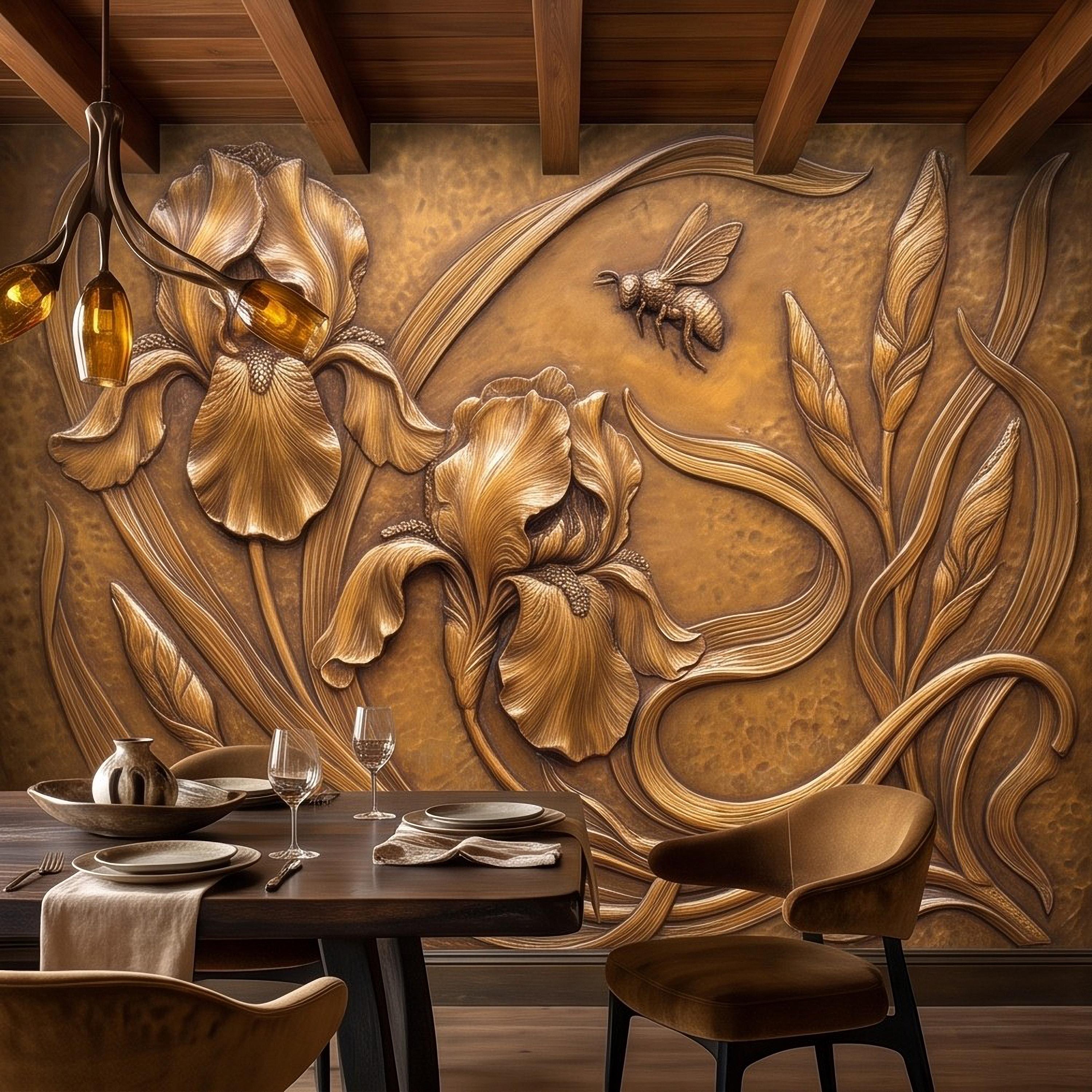 Iris Flowers Peel and Stick Wall Mural, Embossed Botanical Relief Sculpted Plaster Iris with Bee Art Nouveau Wallpaper