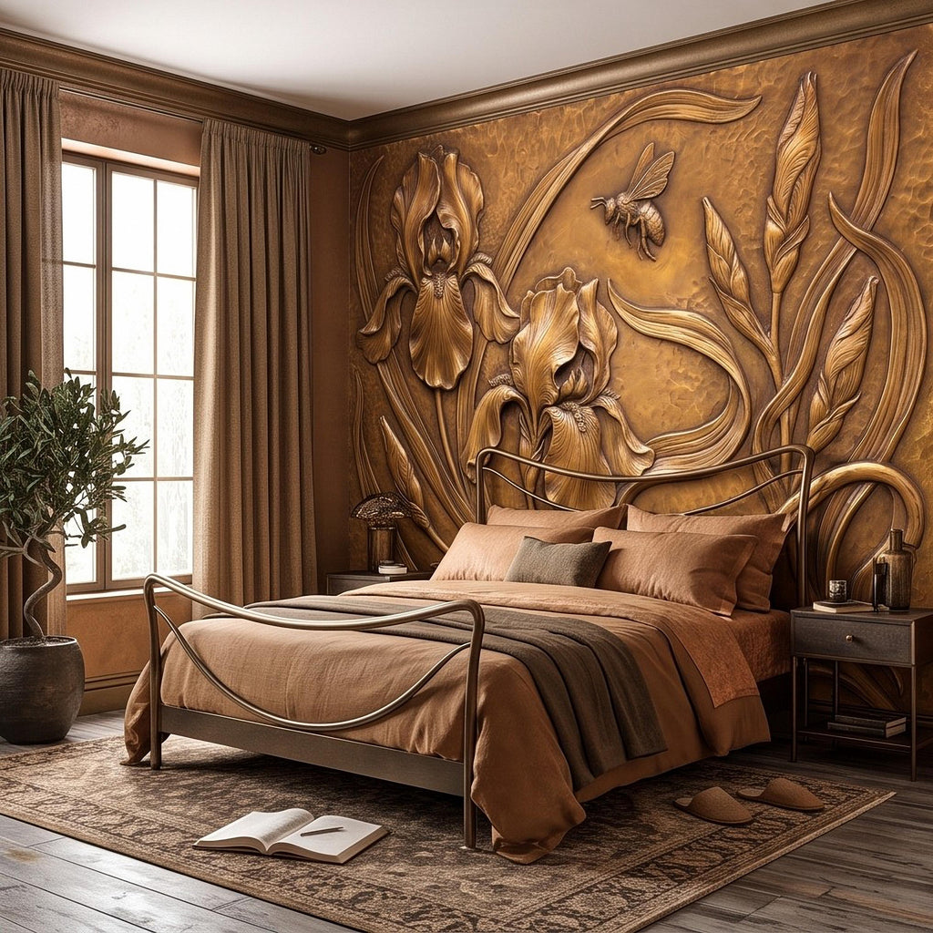 Iris Flowers Peel and Stick Wall Mural, Embossed Botanical Relief Sculpted Plaster Iris with Bee Art Nouveau Wallpaper