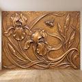 Iris Flowers Peel and Stick Wall Mural, Embossed Botanical Relief Sculpted Plaster Iris with Bee Art Nouveau Wallpaper