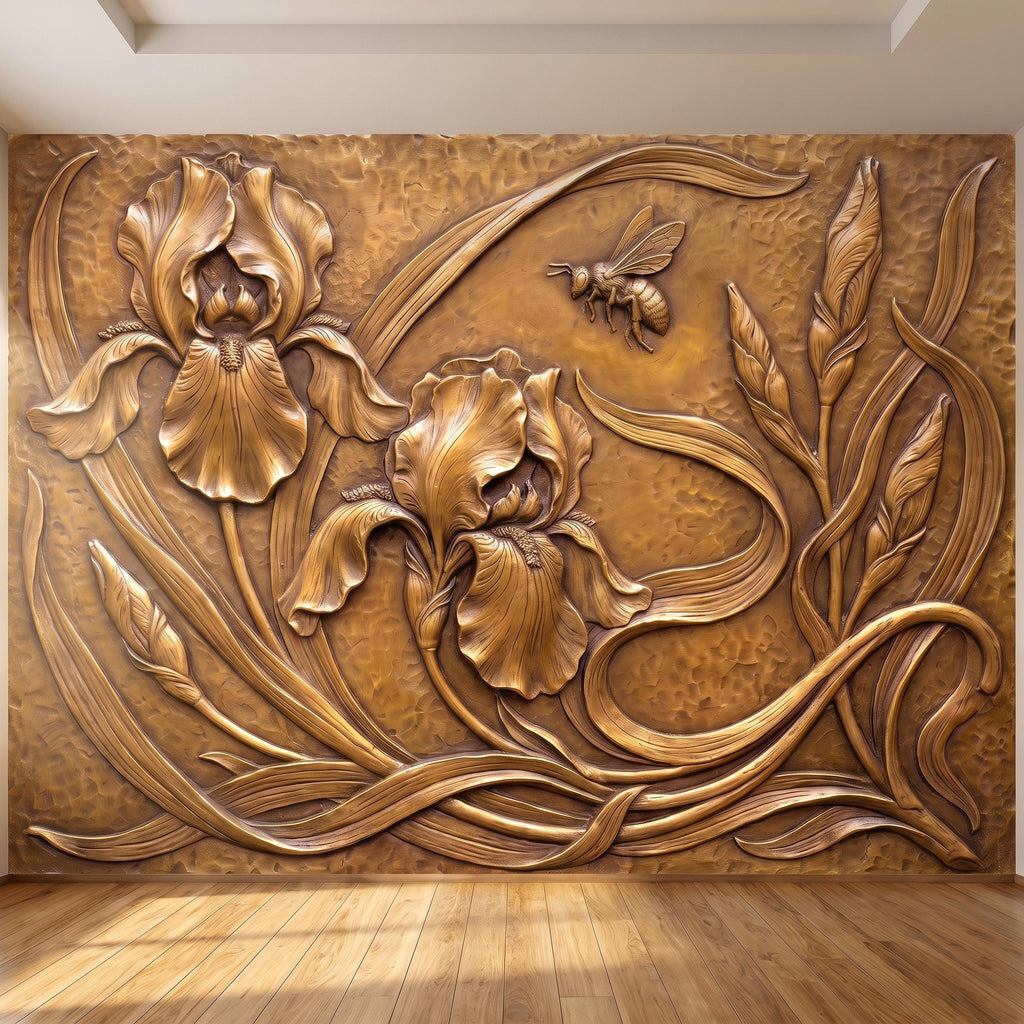 Iris Flowers Peel and Stick Wall Mural, Embossed Botanical Relief Sculpted Plaster Iris with Bee Art Nouveau Wallpaper