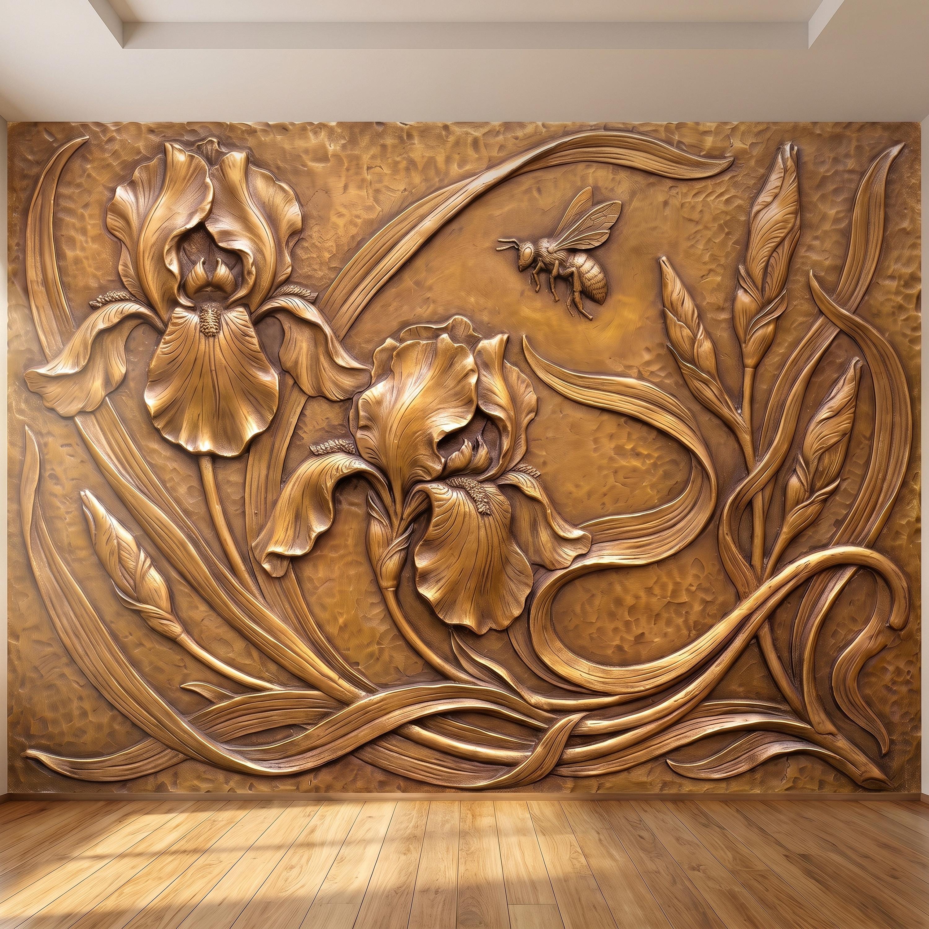Iris Flowers Peel and Stick Wall Mural, Embossed Botanical Relief Sculpted Plaster Iris with Bee Art Nouveau Wallpaper