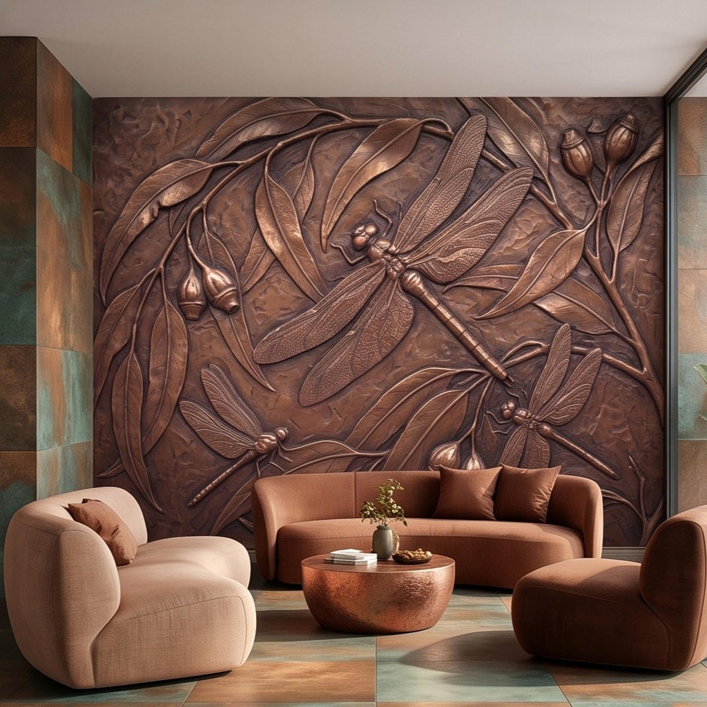 Dragonfly Peel and Stick Wall Mural, Embossed Botanical Nature Relief Dragonflies with Botanical Leaves Art Nouveau Wallpaper