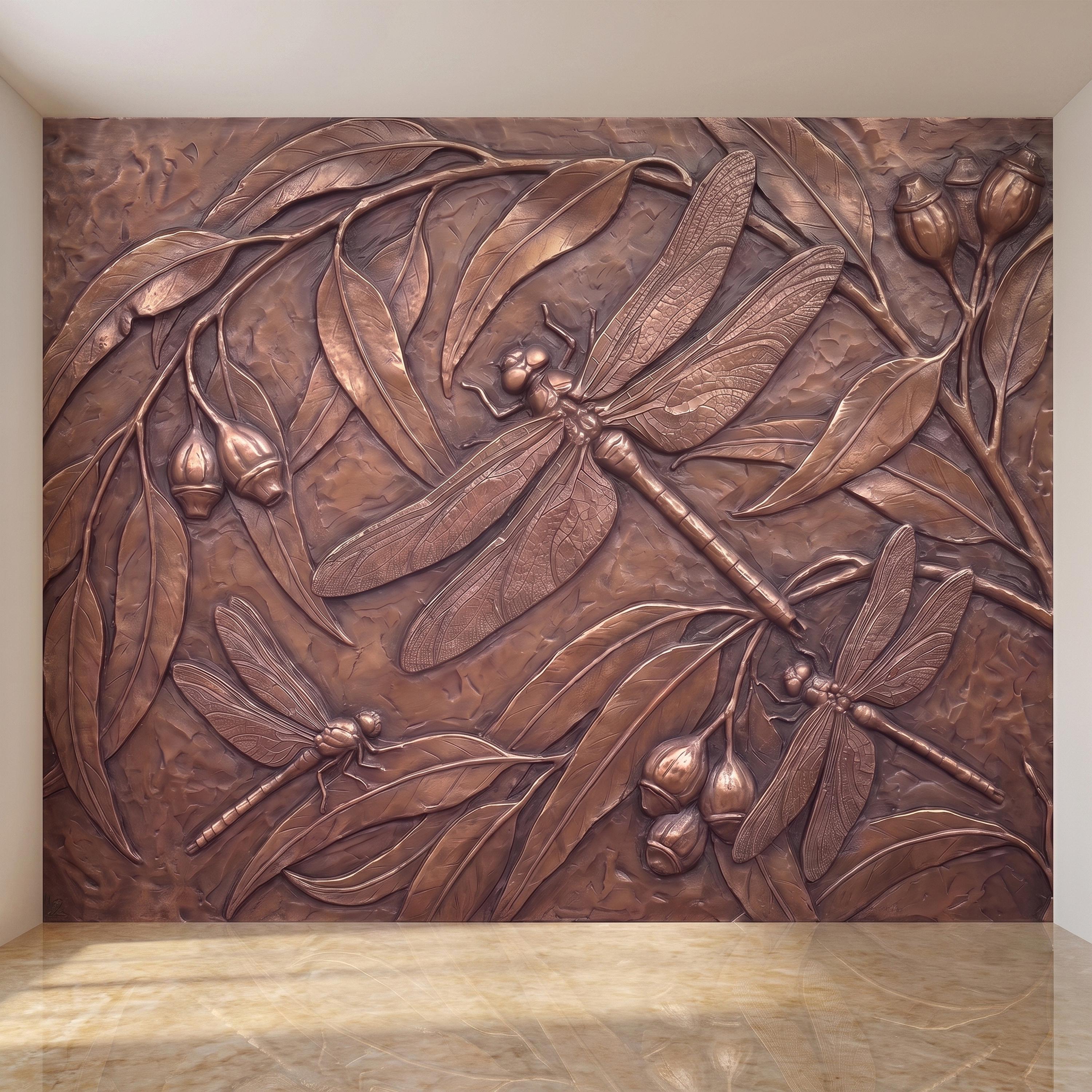 Dragonfly Peel and Stick Wall Mural, Embossed Botanical Nature Relief Dragonflies with Botanical Leaves Art Nouveau Wallpaper