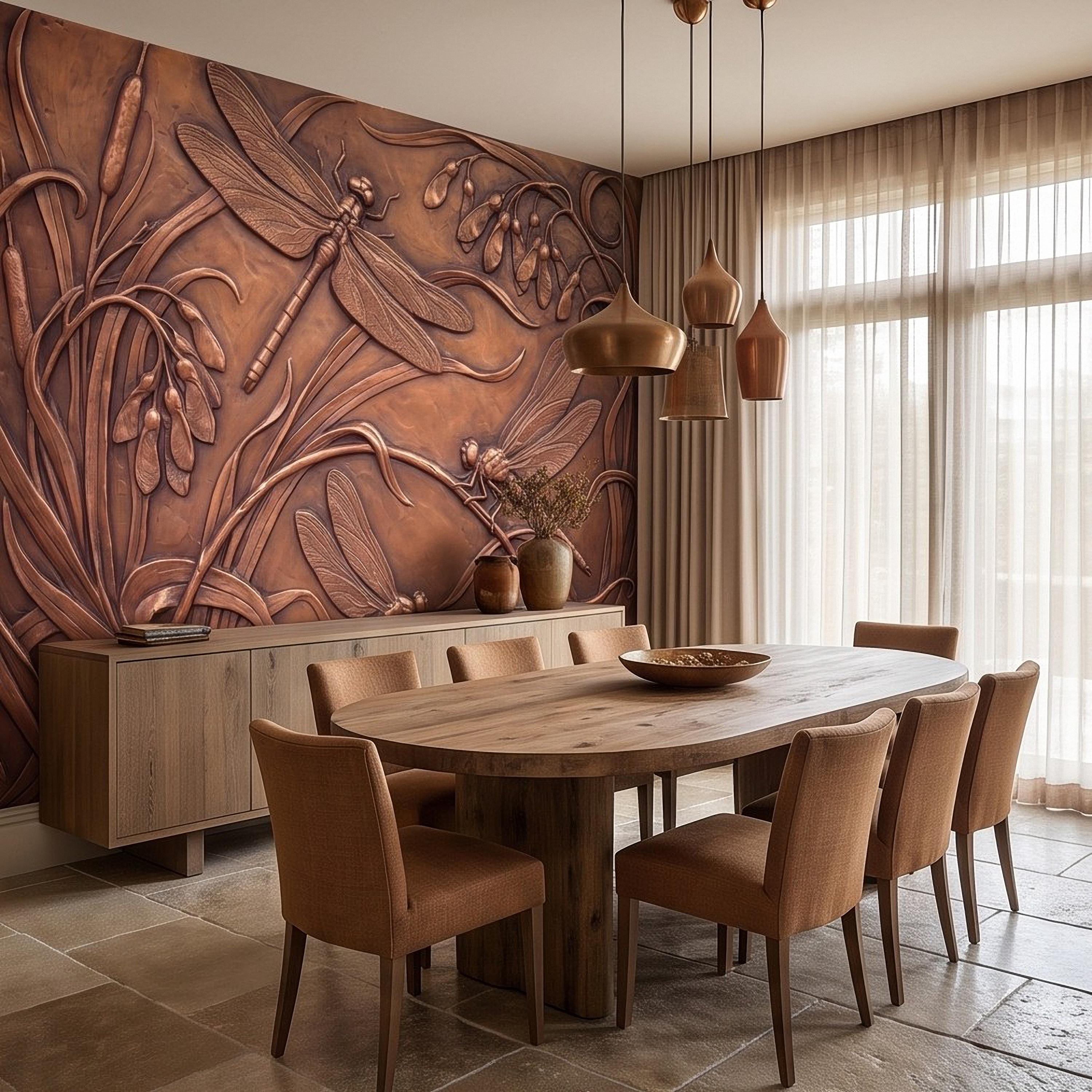 Dragonfly Peel and Stick Wall Mural, Embossed Botanical Nature Relief Dragonflies Among Reeds and Seed Pods Art Nouveau Wallpaper