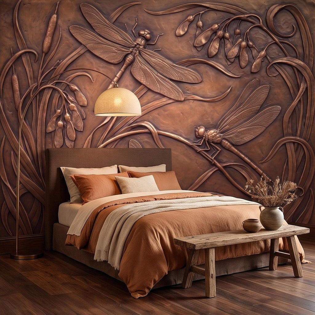 Dragonfly Peel and Stick Wall Mural, Embossed Botanical Nature Relief Dragonflies Among Reeds and Seed Pods Art Nouveau Wallpaper