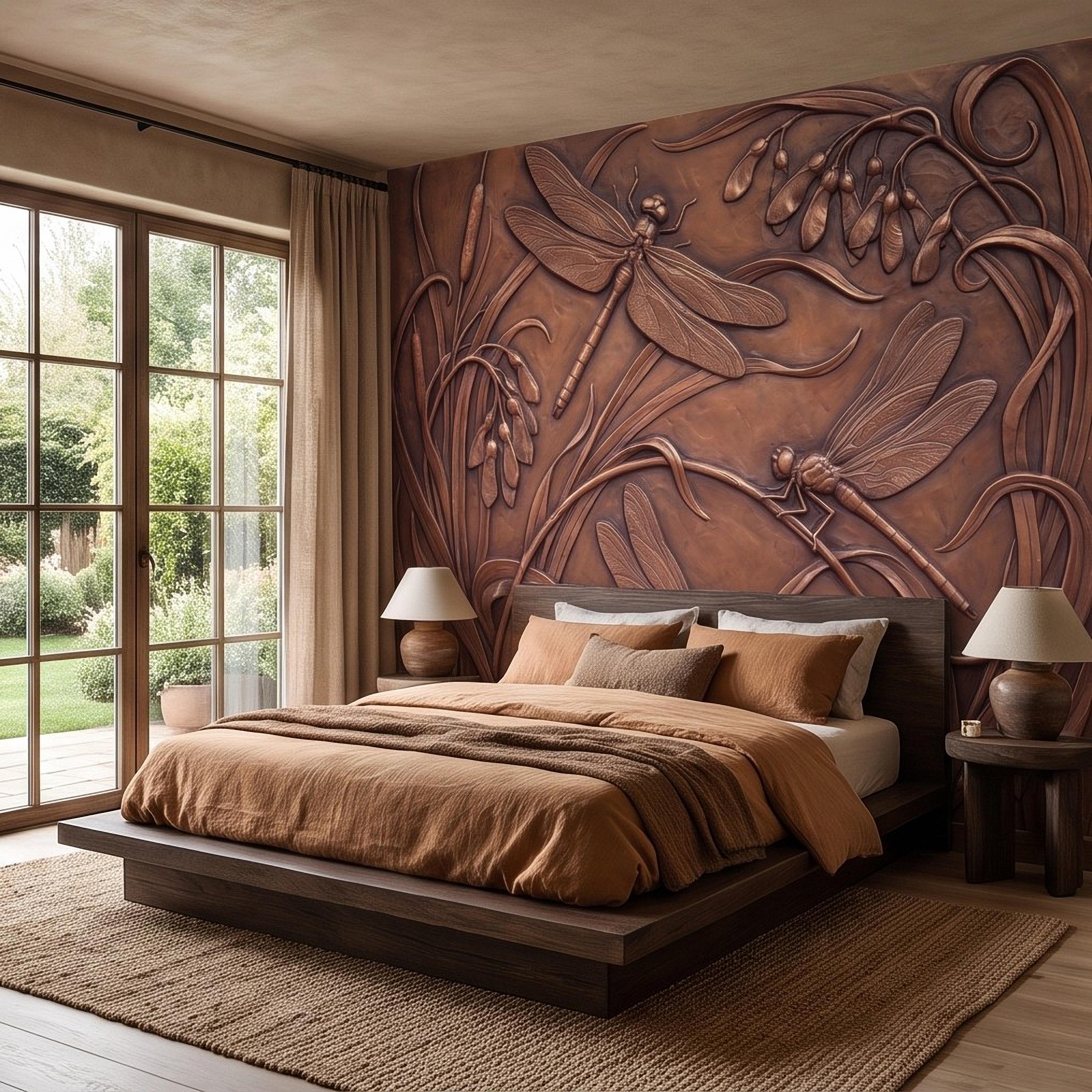 Dragonfly Peel and Stick Wall Mural, Embossed Botanical Nature Relief Dragonflies Among Reeds and Seed Pods Art Nouveau Wallpaper