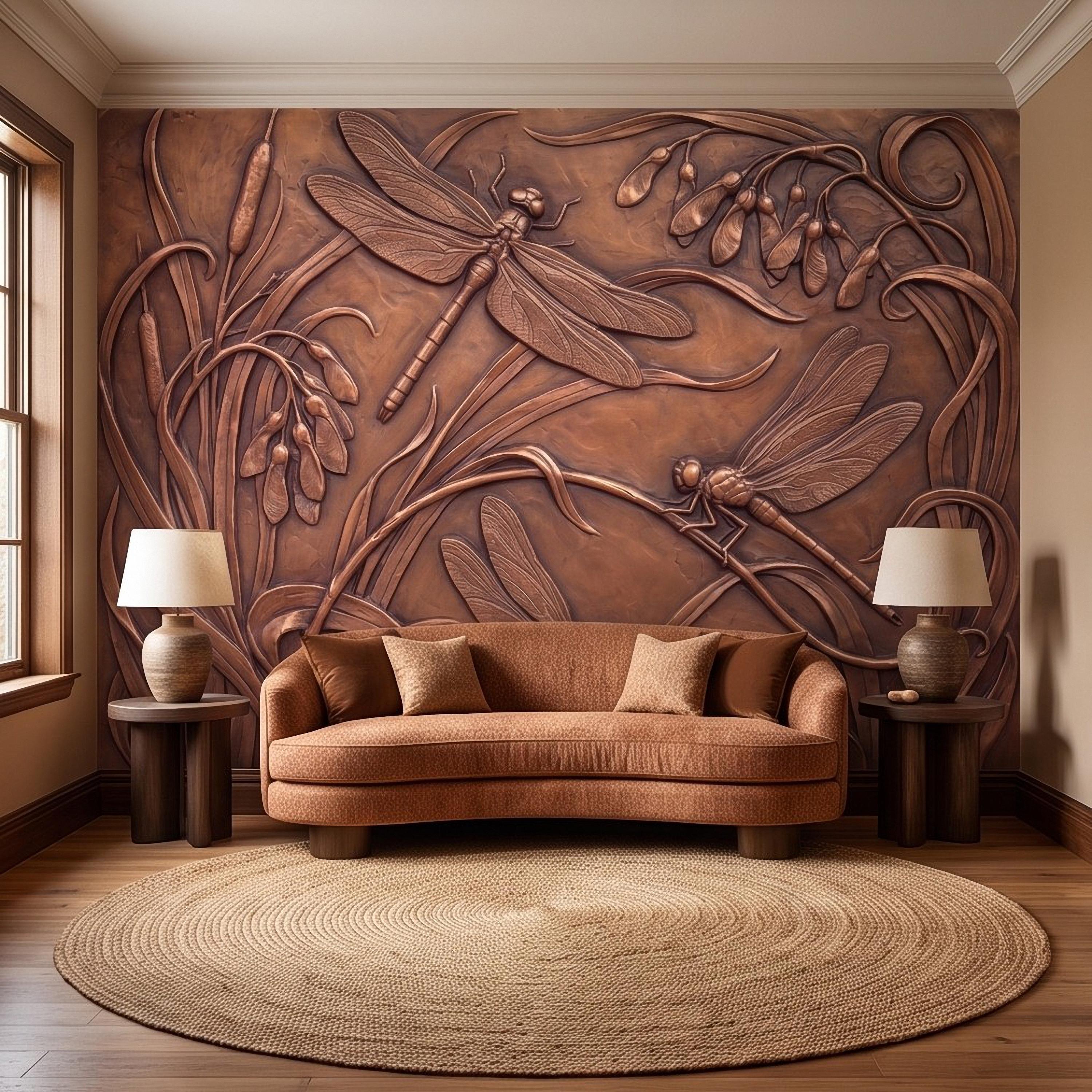 Dragonfly Peel and Stick Wall Mural, Embossed Botanical Nature Relief Dragonflies Among Reeds and Seed Pods Art Nouveau Wallpaper