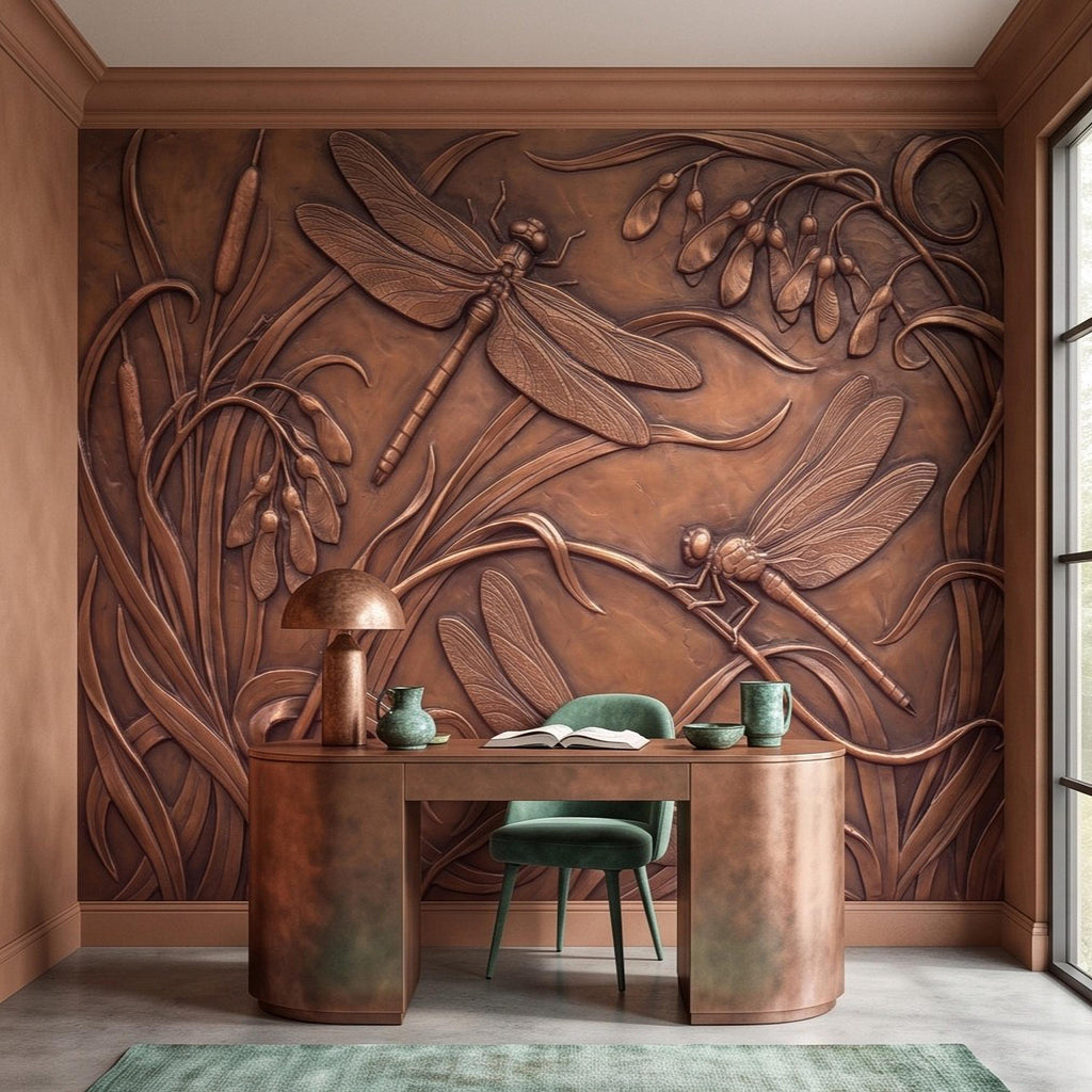 Dragonfly Peel and Stick Wall Mural, Embossed Botanical Nature Relief Dragonflies Among Reeds and Seed Pods Art Nouveau Wallpaper