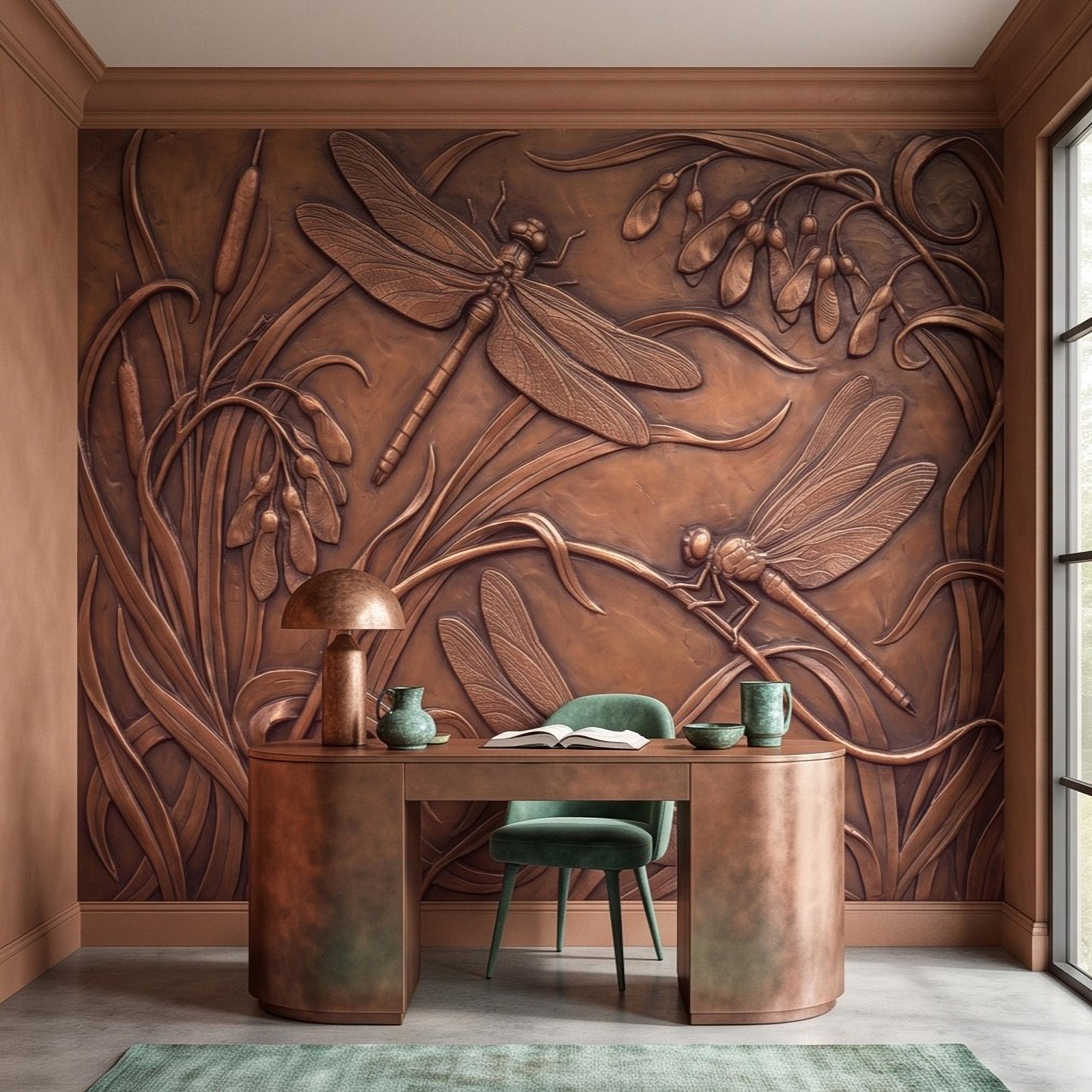 Dragonfly Peel and Stick Wall Mural, Embossed Botanical Nature Relief Dragonflies Among Reeds and Seed Pods Art Nouveau Wallpaper
