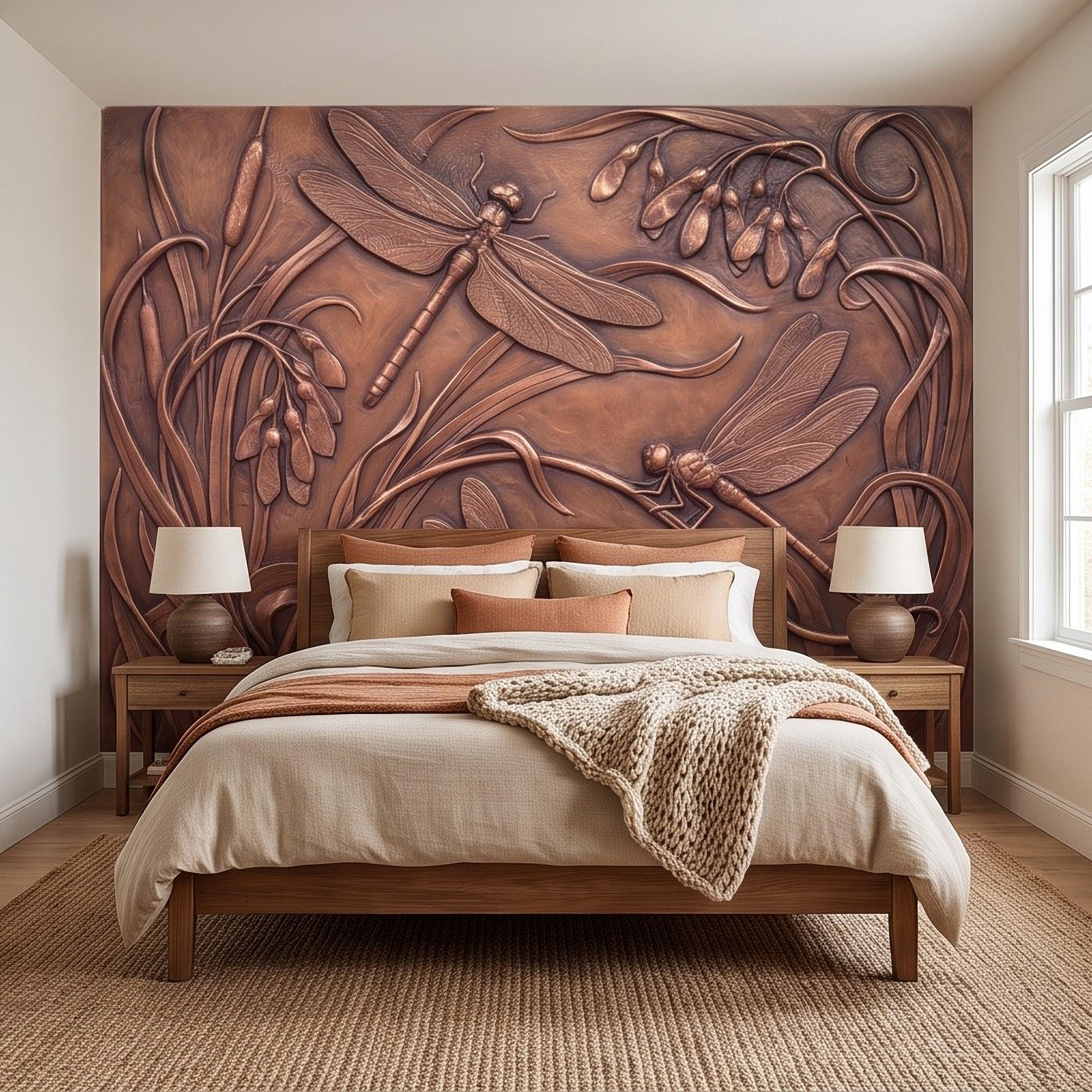 Dragonfly Peel and Stick Wall Mural, Embossed Botanical Nature Relief Dragonflies Among Reeds and Seed Pods Art Nouveau Wallpaper