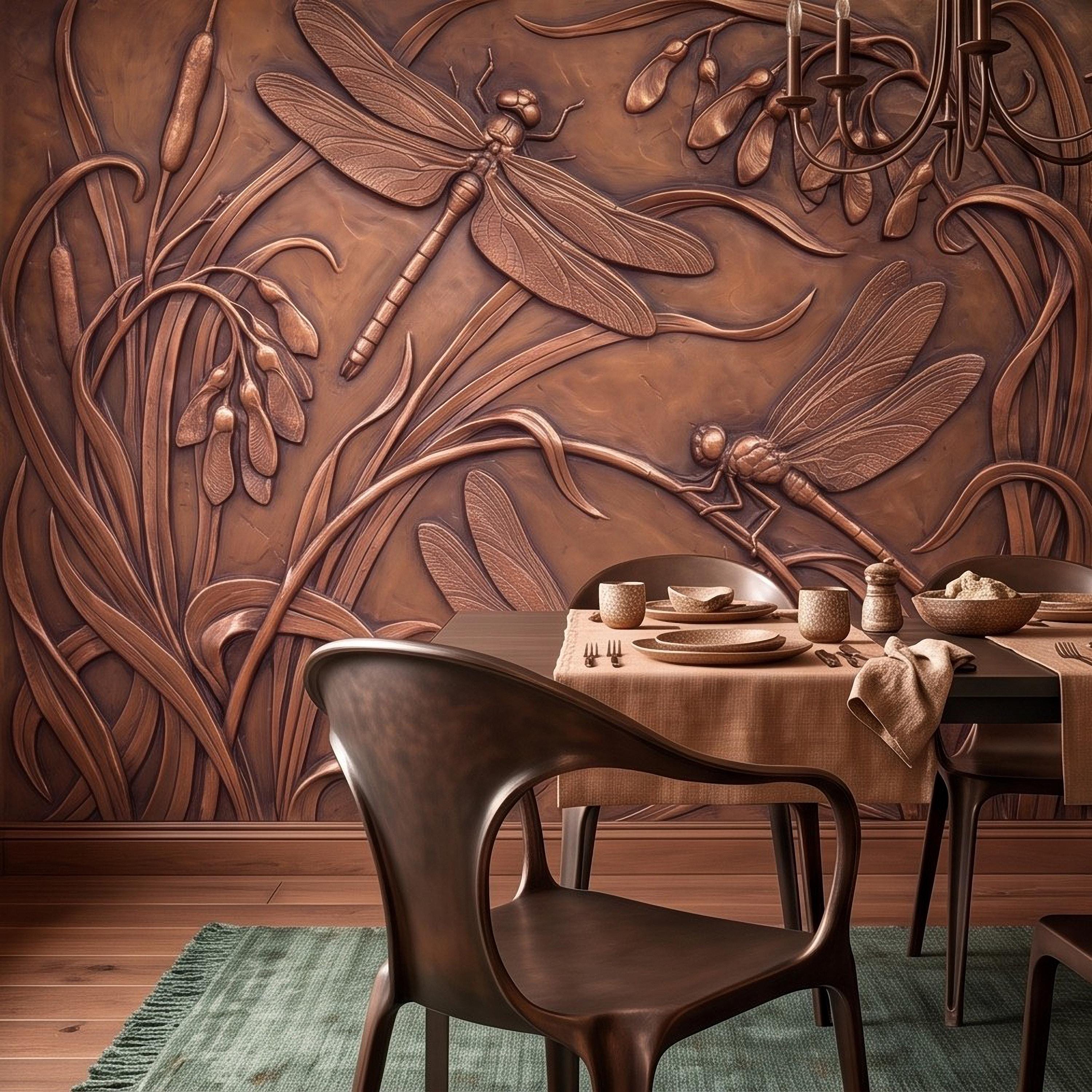 Dragonfly Peel and Stick Wall Mural, Embossed Botanical Nature Relief Dragonflies Among Reeds and Seed Pods Art Nouveau Wallpaper