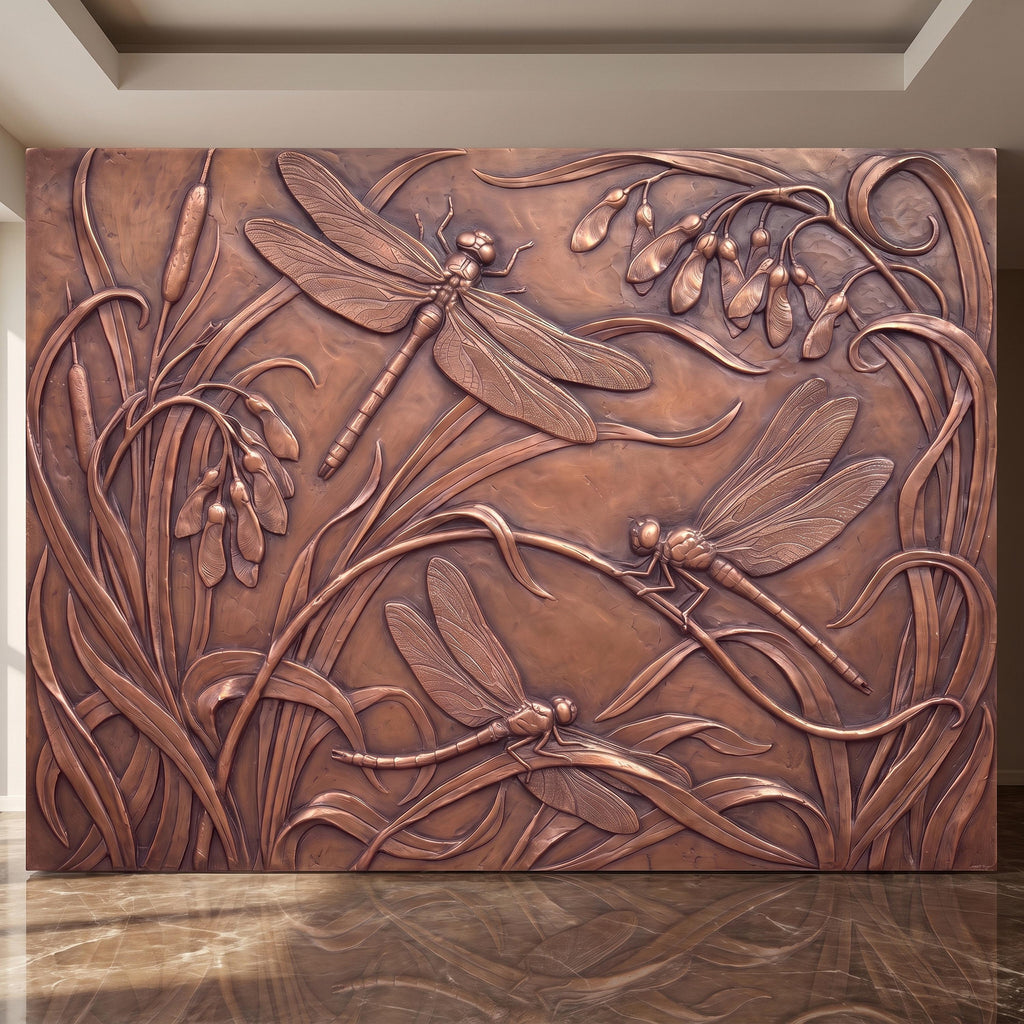 Dragonfly Peel and Stick Wall Mural, Embossed Botanical Nature Relief Dragonflies Among Reeds and Seed Pods Art Nouveau Wallpaper
