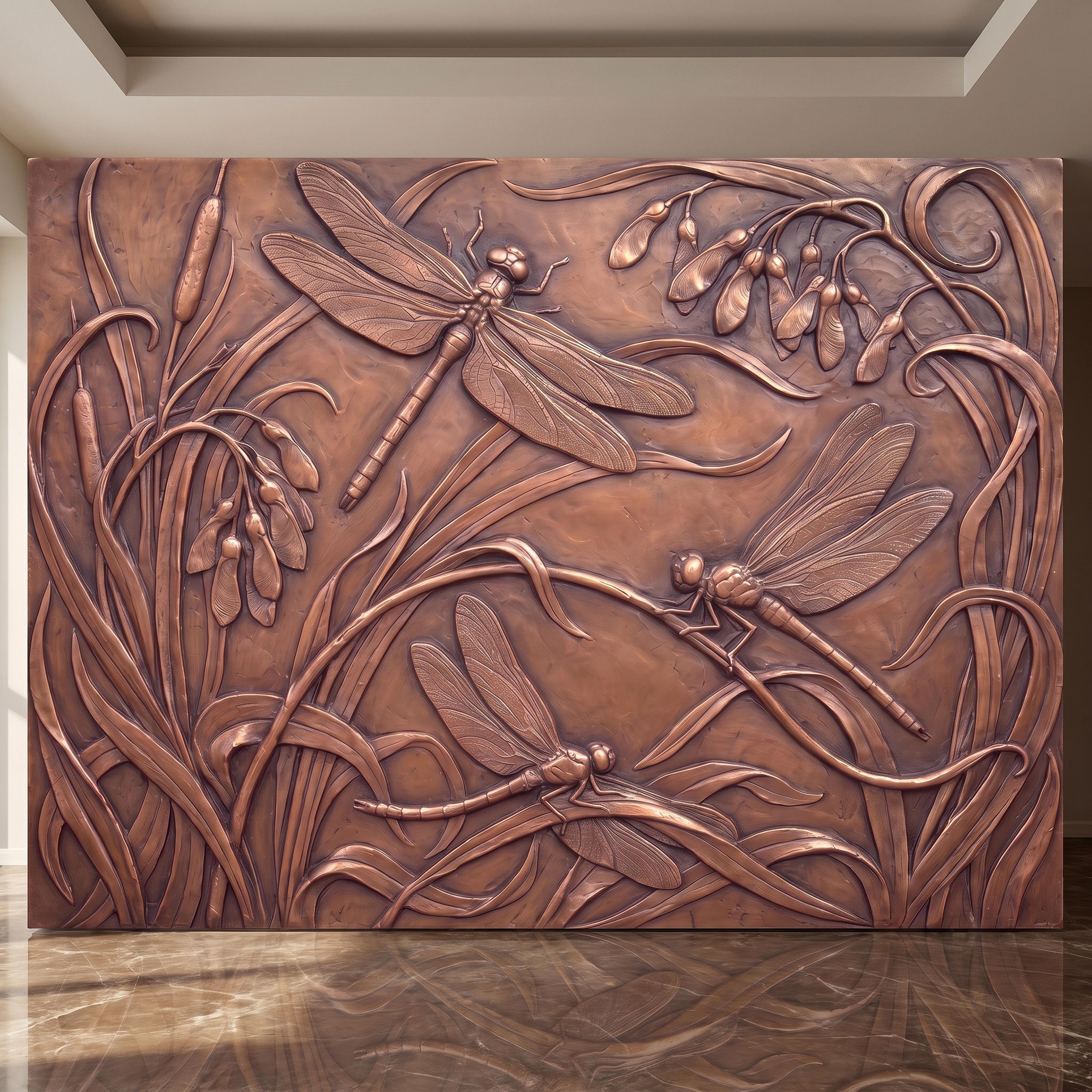 Dragonfly Peel and Stick Wall Mural, Embossed Botanical Nature Relief Dragonflies Among Reeds and Seed Pods Art Nouveau Wallpaper