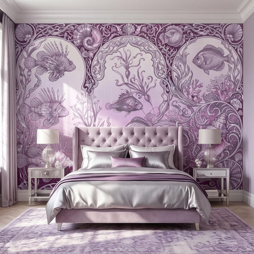 Purple vintage marine mural with coral, fish, and seashell line art on a wall behind a bed