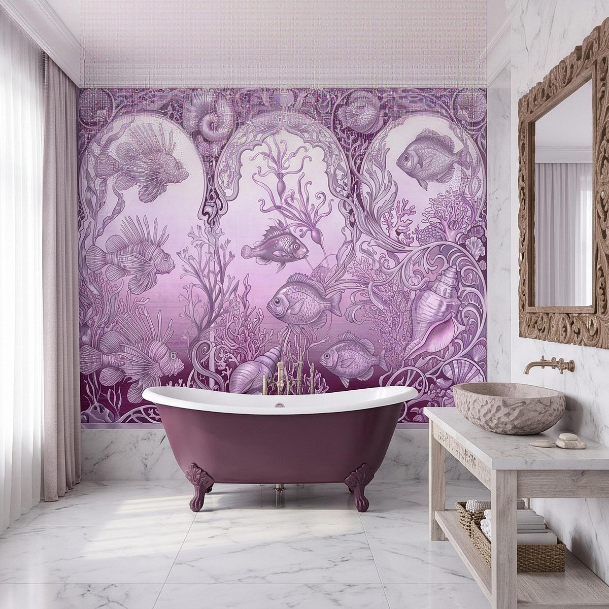 Purple marine fish wall mural with coral and seashell swirls behind a freestanding bathtub