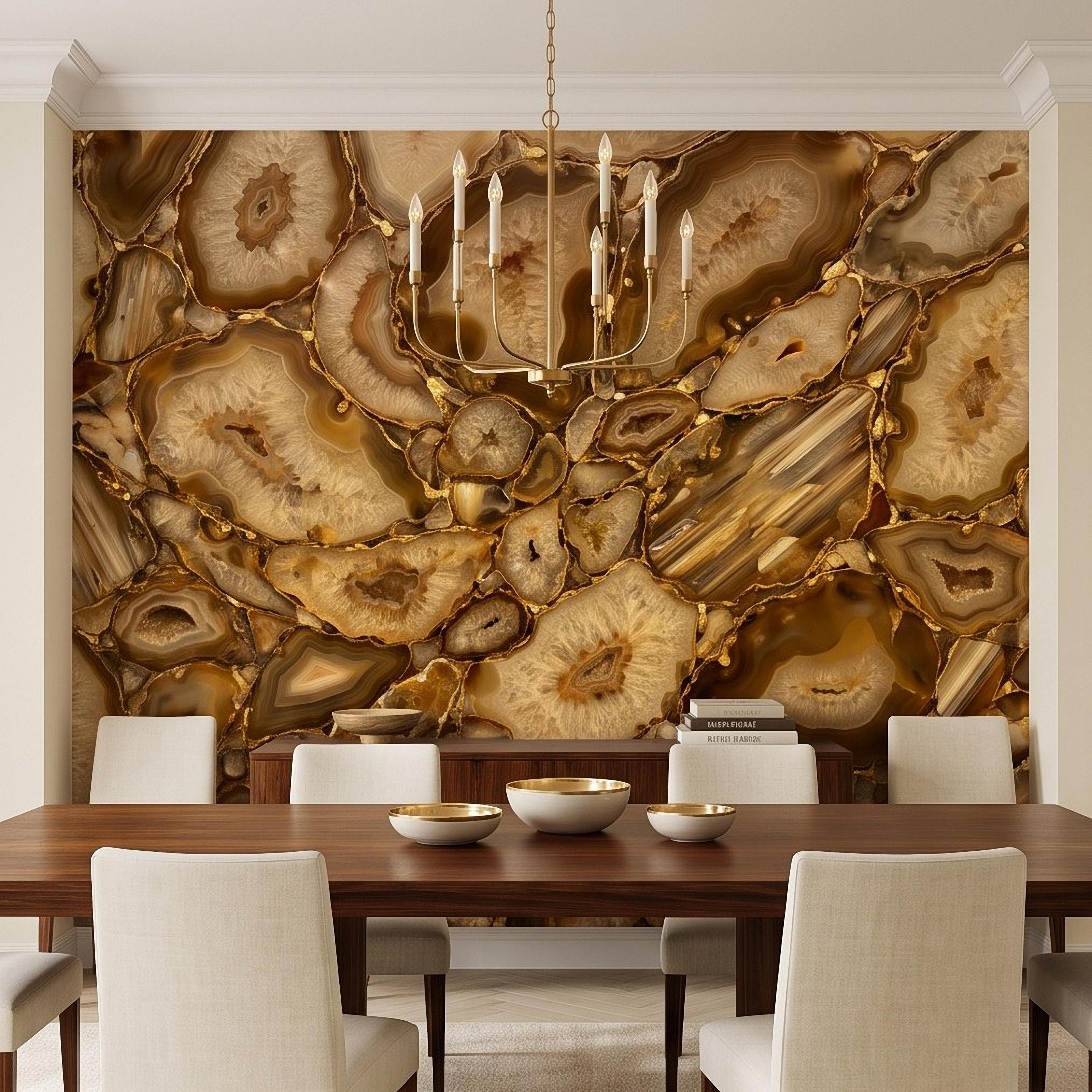 Agate Geode Peel and Stick Wall Mural, Natural Stone Slice Mosaic Crystalline Mineral Formation Wallpaper