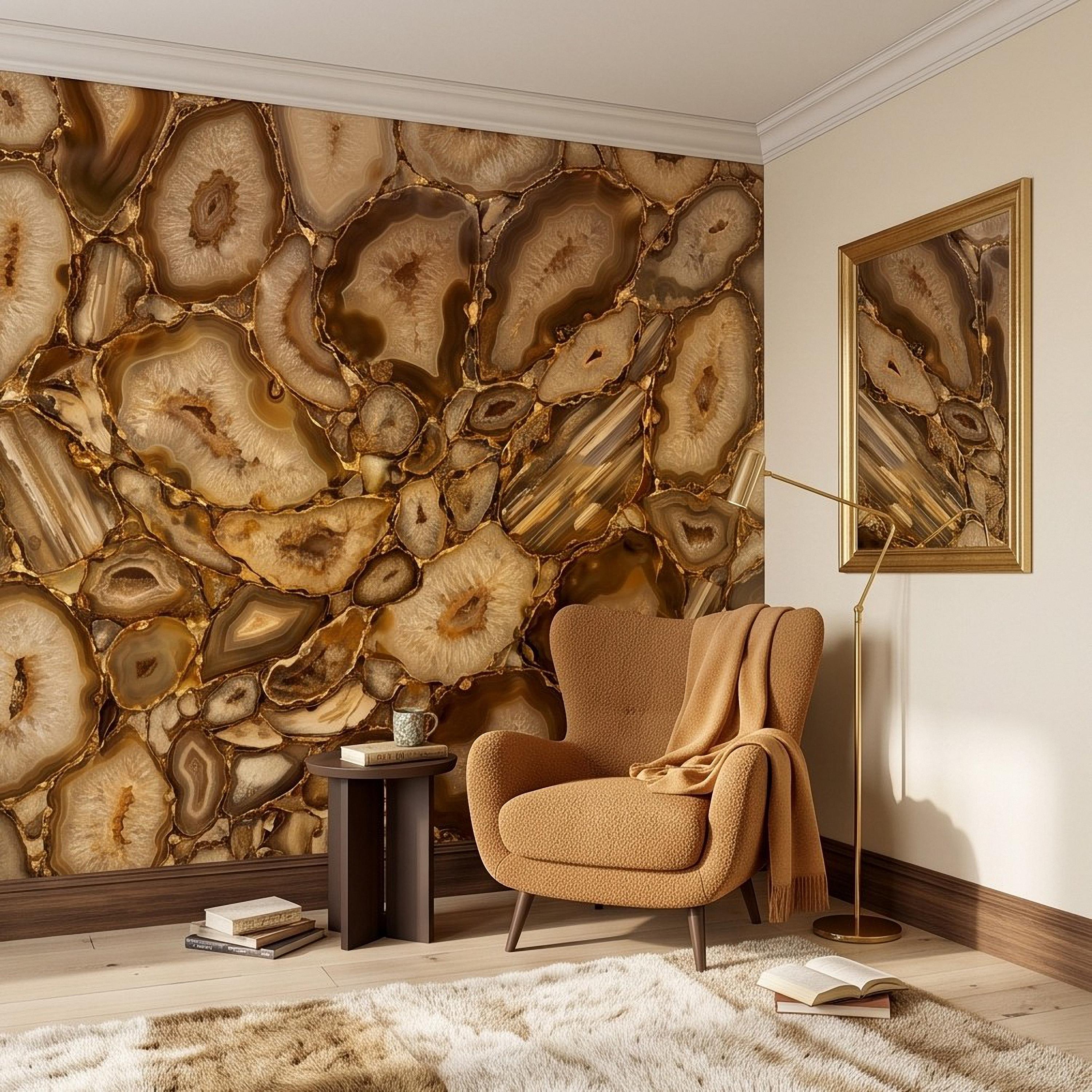 Agate Geode Peel and Stick Wall Mural, Natural Stone Slice Mosaic Crystalline Mineral Formation Wallpaper