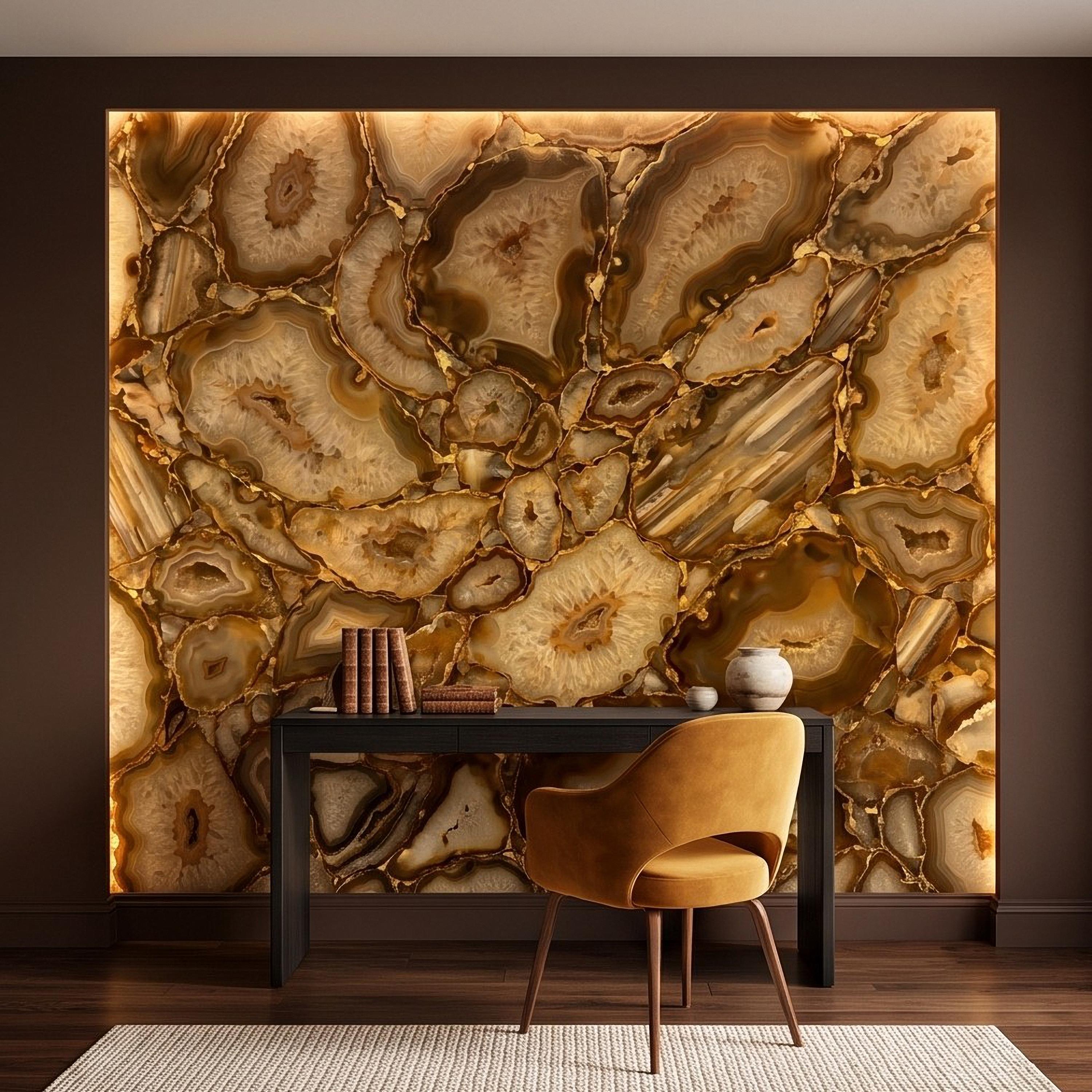 Agate Geode Peel and Stick Wall Mural, Natural Stone Slice Mosaic Crystalline Mineral Formation Wallpaper