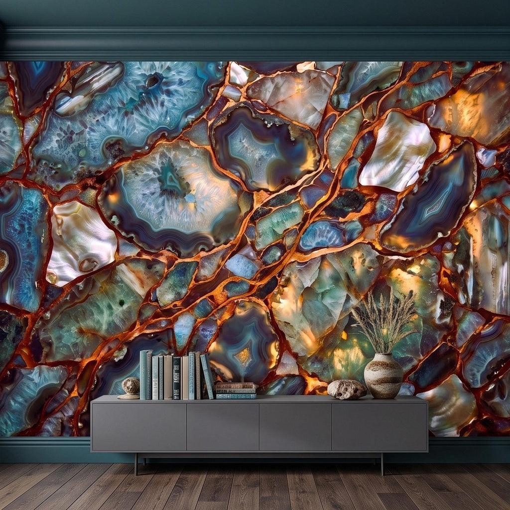 Blue Agate Geode Peel and Stick Wall Mural, Natural Stone Slice Mosaic Crystalline Mineral with Copper Veins Wallpaper