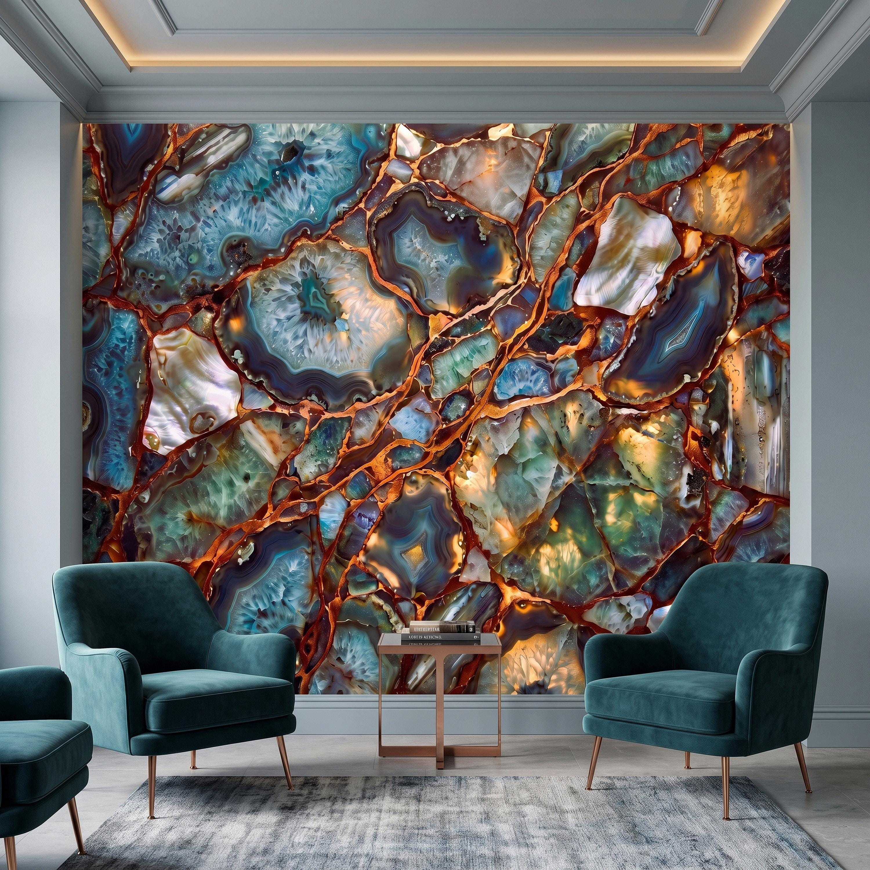 Blue Agate Geode Peel and Stick Wall Mural, Natural Stone Slice Mosaic Crystalline Mineral with Copper Veins Wallpaper
