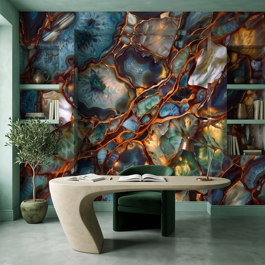 Blue Agate Geode Peel and Stick Wall Mural, Natural Stone Slice Mosaic Crystalline Mineral with Copper Veins Wallpaper