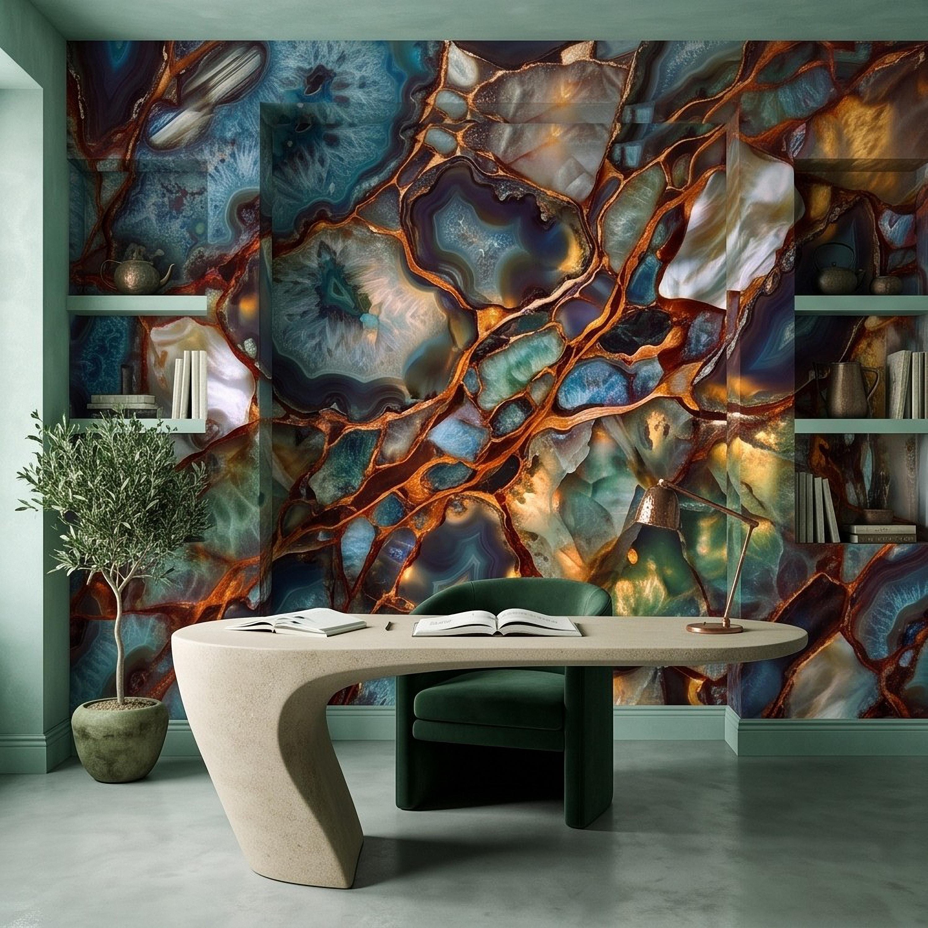 Blue Agate Geode Peel and Stick Wall Mural, Natural Stone Slice Mosaic Crystalline Mineral with Copper Veins Wallpaper