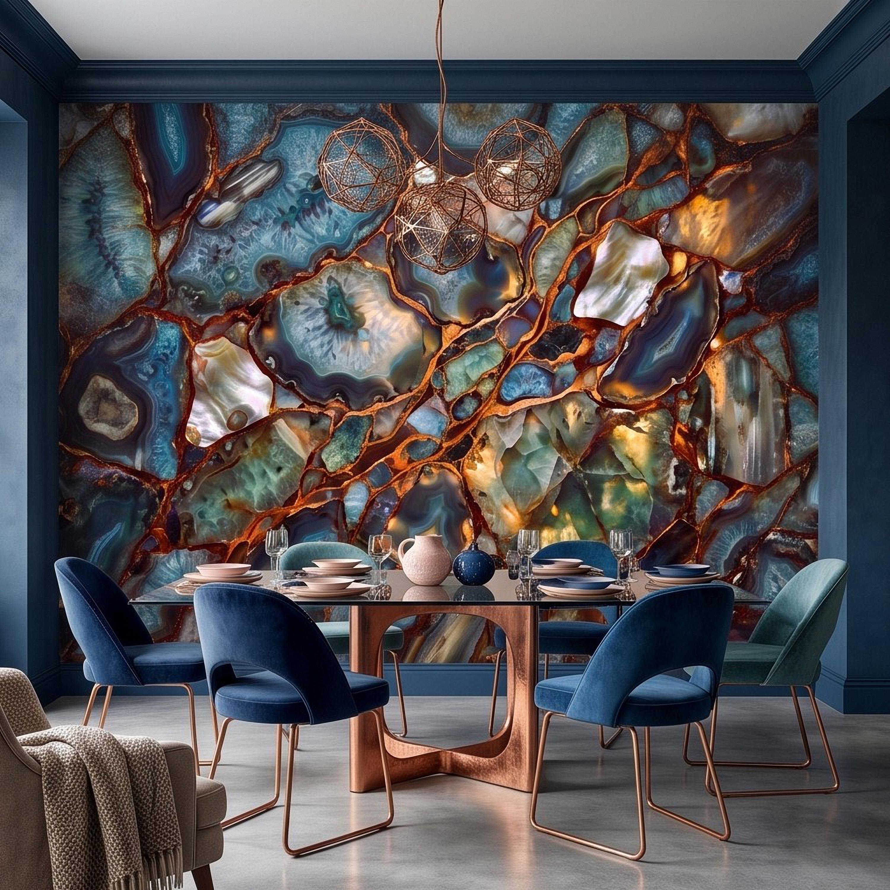 Blue Agate Geode Peel and Stick Wall Mural, Natural Stone Slice Mosaic Crystalline Mineral with Copper Veins Wallpaper