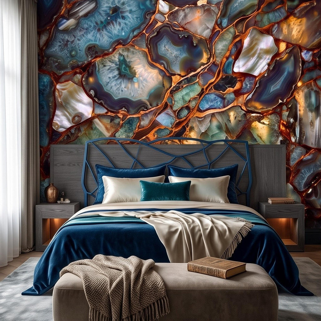 Blue Agate Geode Peel and Stick Wall Mural, Natural Stone Slice Mosaic Crystalline Mineral with Copper Veins Wallpaper