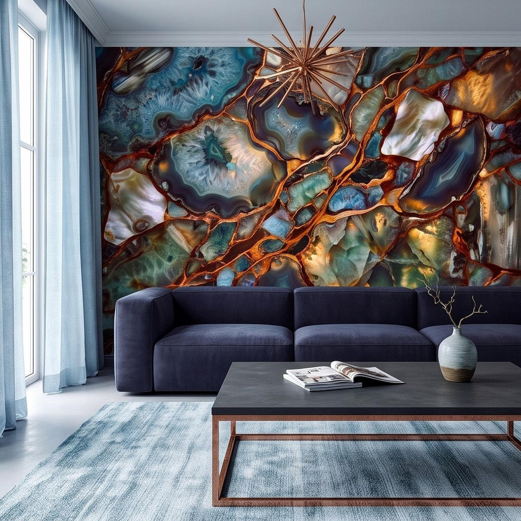 Blue Agate Geode Peel and Stick Wall Mural, Natural Stone Slice Mosaic Crystalline Mineral with Copper Veins Wallpaper