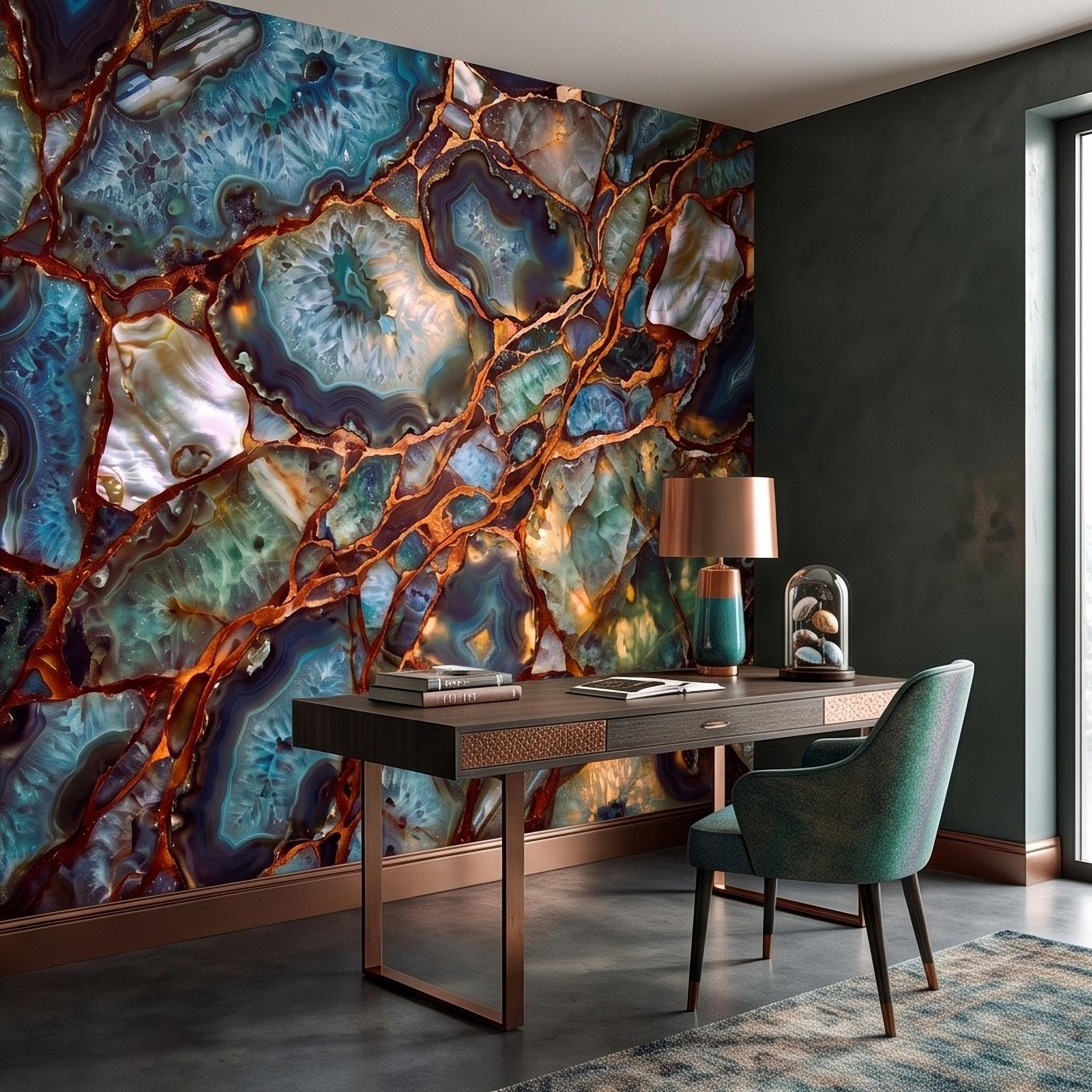 Blue Agate Geode Peel and Stick Wall Mural, Natural Stone Slice Mosaic Crystalline Mineral with Copper Veins Wallpaper