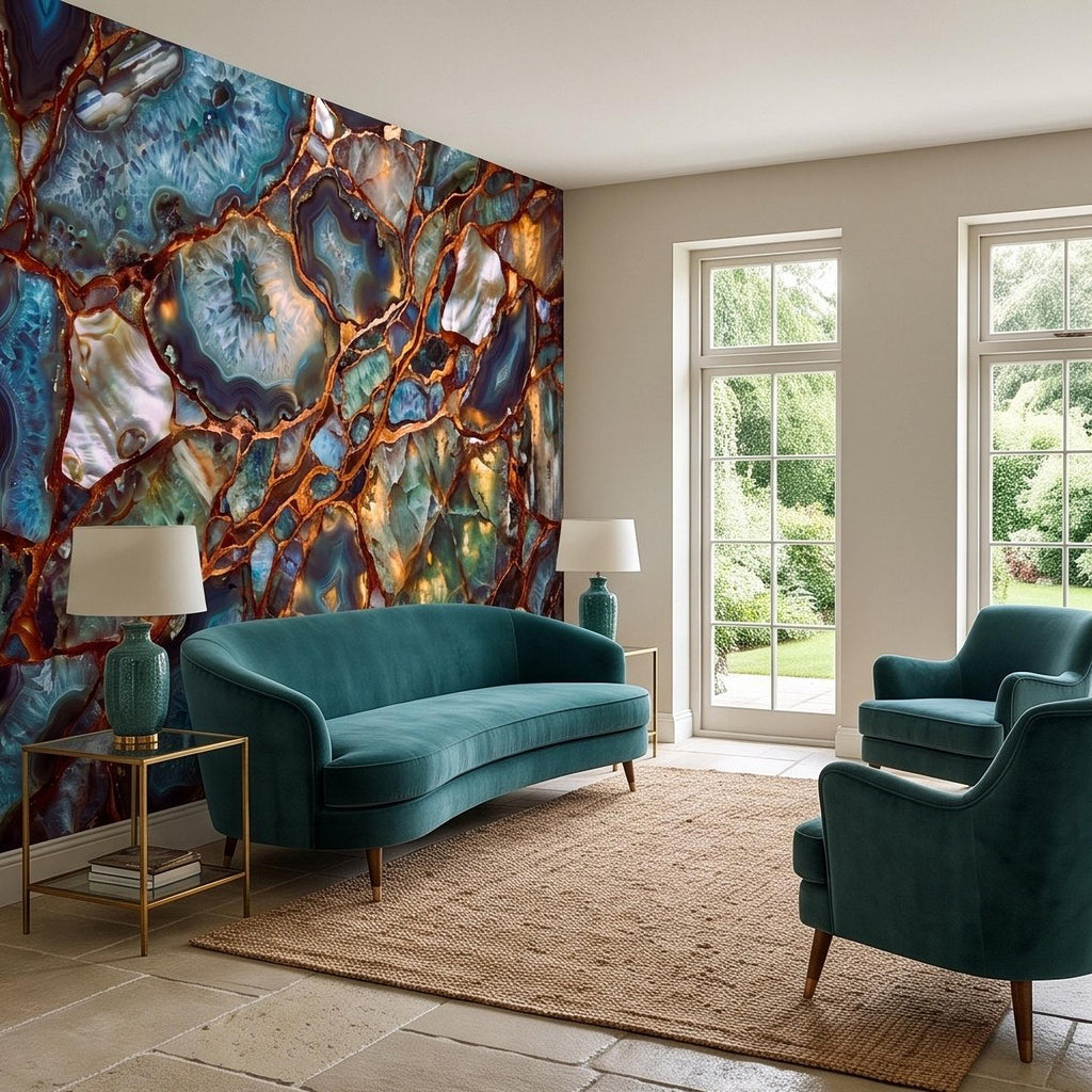 Blue Agate Geode Peel and Stick Wall Mural, Natural Stone Slice Mosaic Crystalline Mineral with Copper Veins Wallpaper