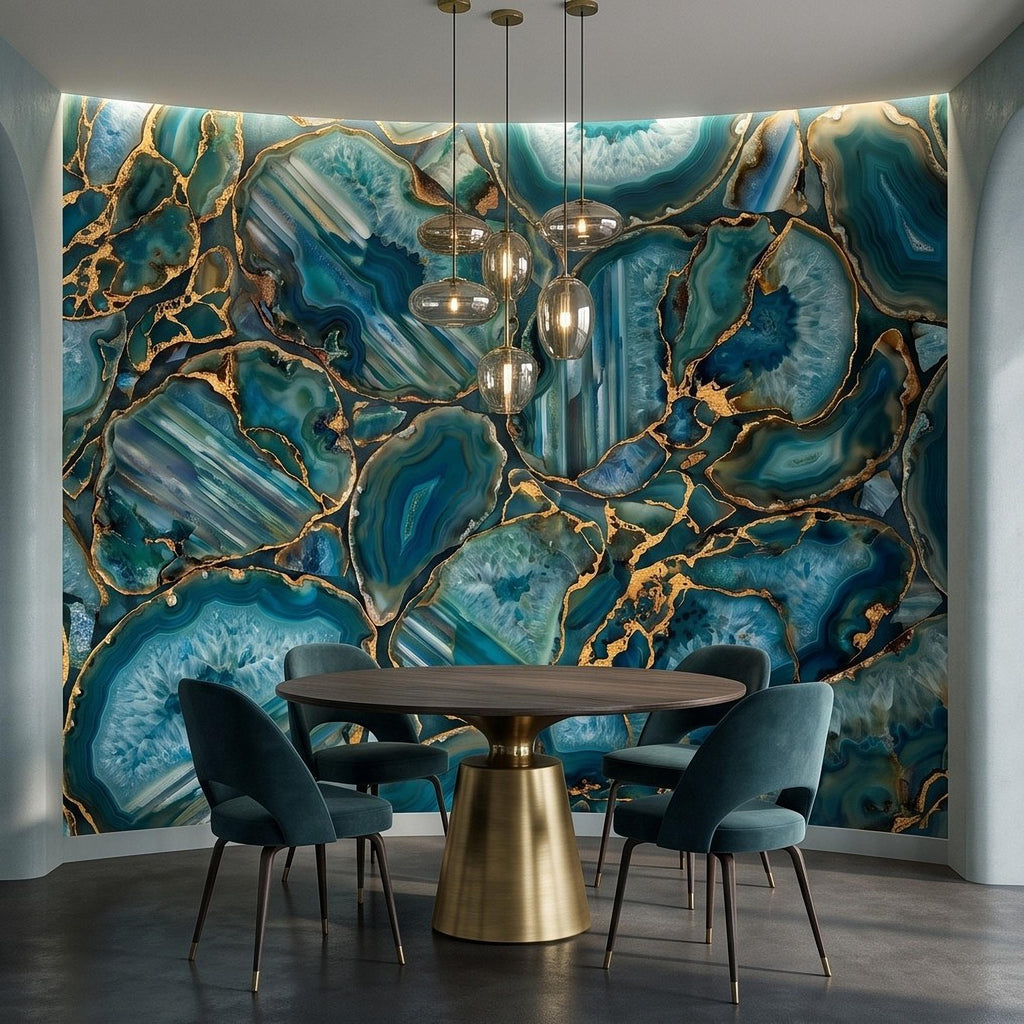 Blue Green Agate Peel and Stick Wall Mural, Natural Stone Slice Mosaic Crystalline Mineral Formation Wallpaper