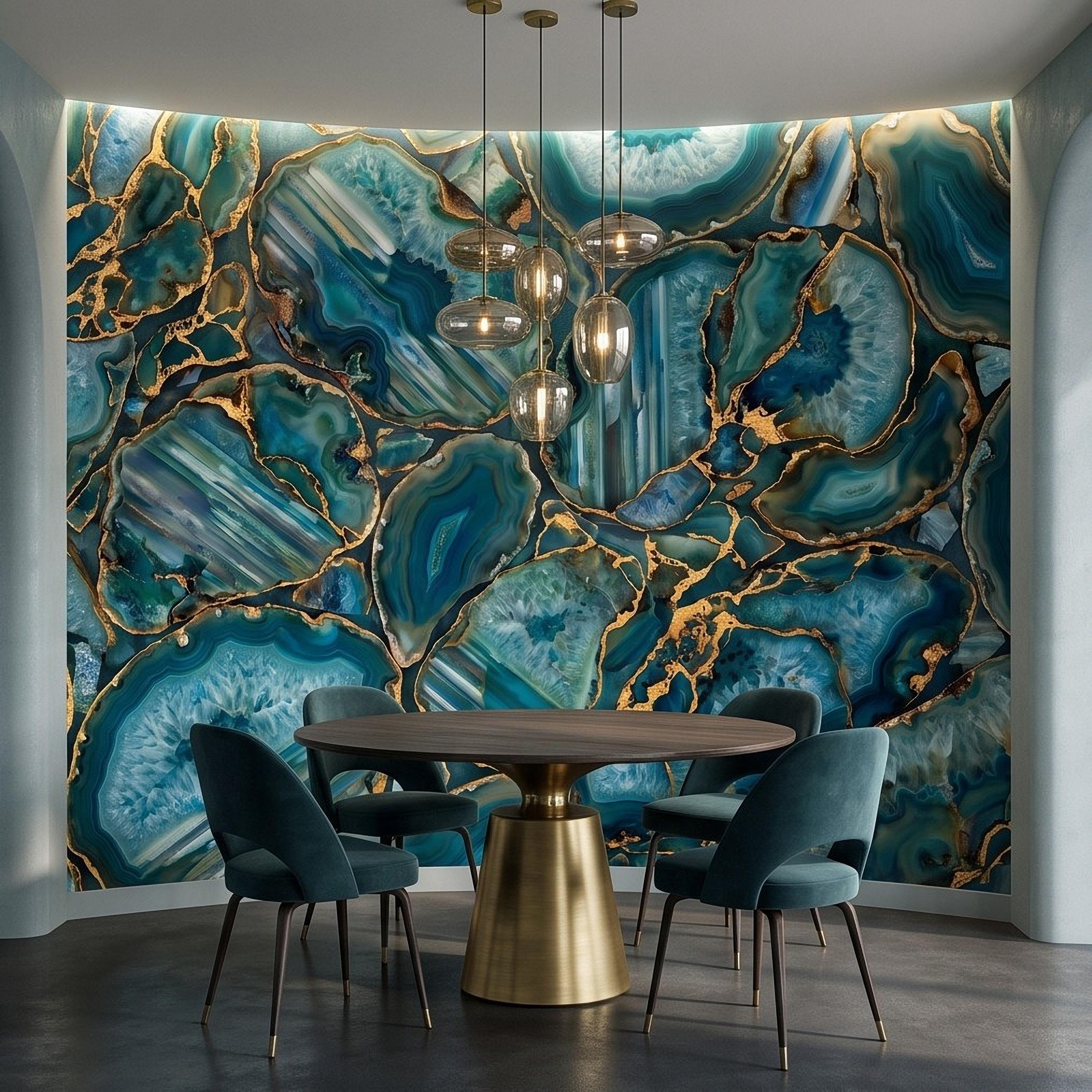 Blue Green Agate Peel and Stick Wall Mural, Natural Stone Slice Mosaic Crystalline Mineral Formation Wallpaper