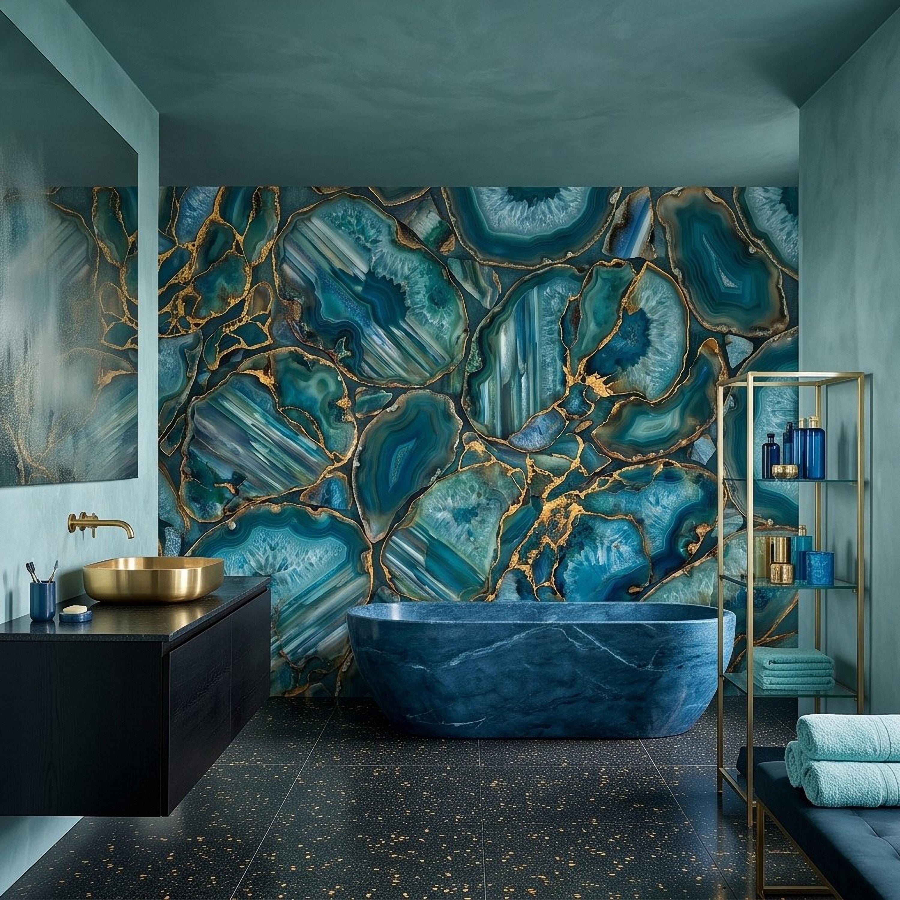 Blue Green Agate Peel and Stick Wall Mural, Natural Stone Slice Mosaic Crystalline Mineral Formation Wallpaper