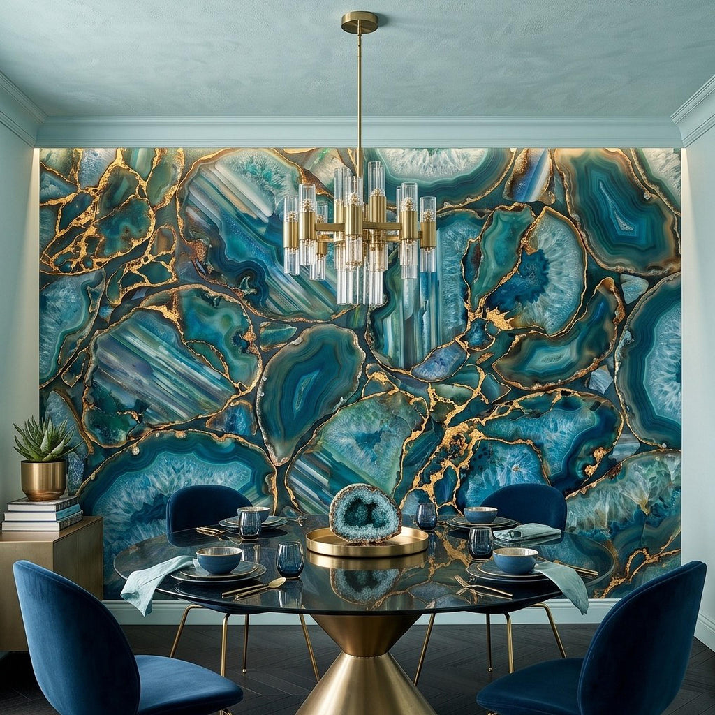 Blue Green Agate Peel and Stick Wall Mural, Natural Stone Slice Mosaic Crystalline Mineral Formation Wallpaper