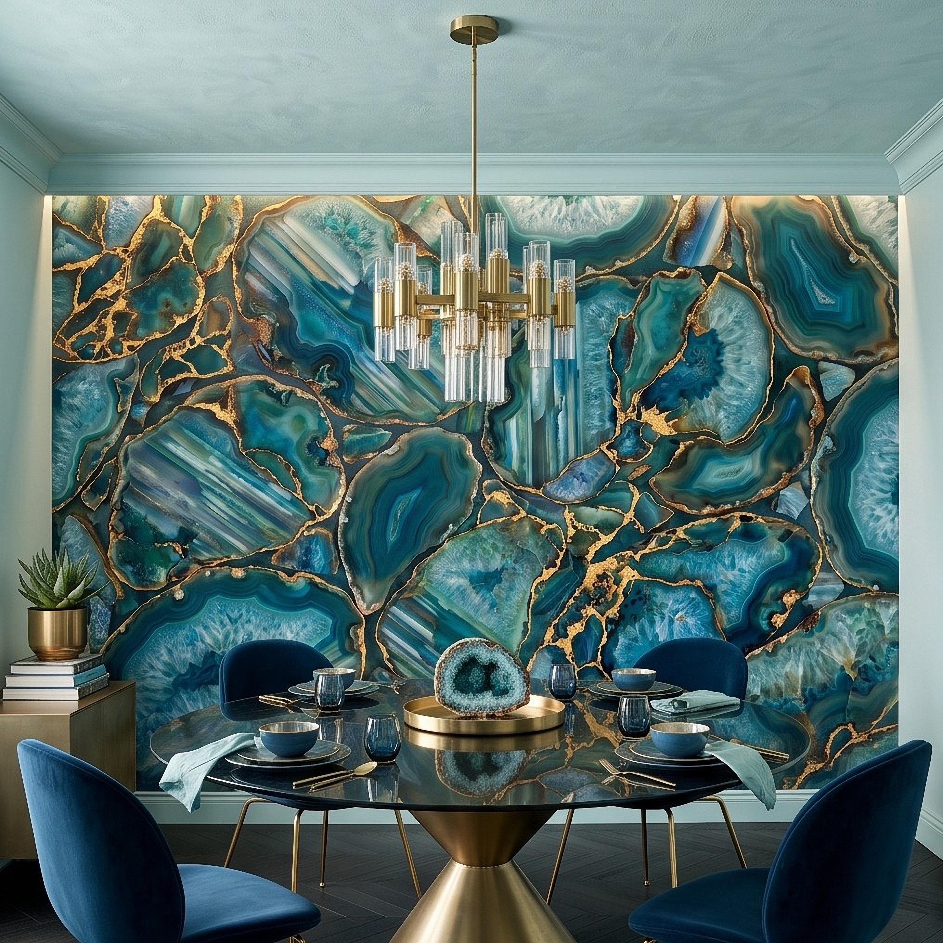 Blue Green Agate Peel and Stick Wall Mural, Natural Stone Slice Mosaic Crystalline Mineral Formation Wallpaper