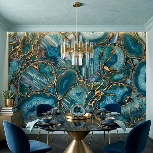 Blue-green agate wall mural with swirling crystal shapes and gold lines on the wall
